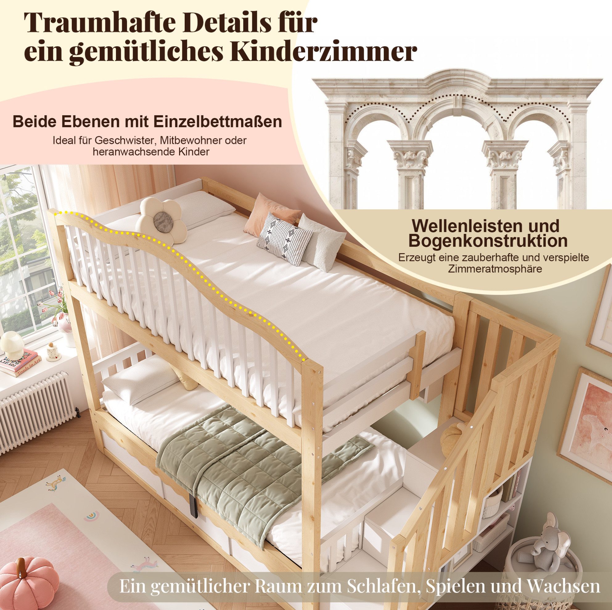 MODFU Etagenbett Kompaktes Kinder-Hochbett – 252×98×170 cm mit Stauraum & Treppe (Packung, Weiß+Eiche, mit H10cm Matratzen, für Kinderzimmer & Gäste), 2×90×200 cm, Regale, Hydraulik, sicher