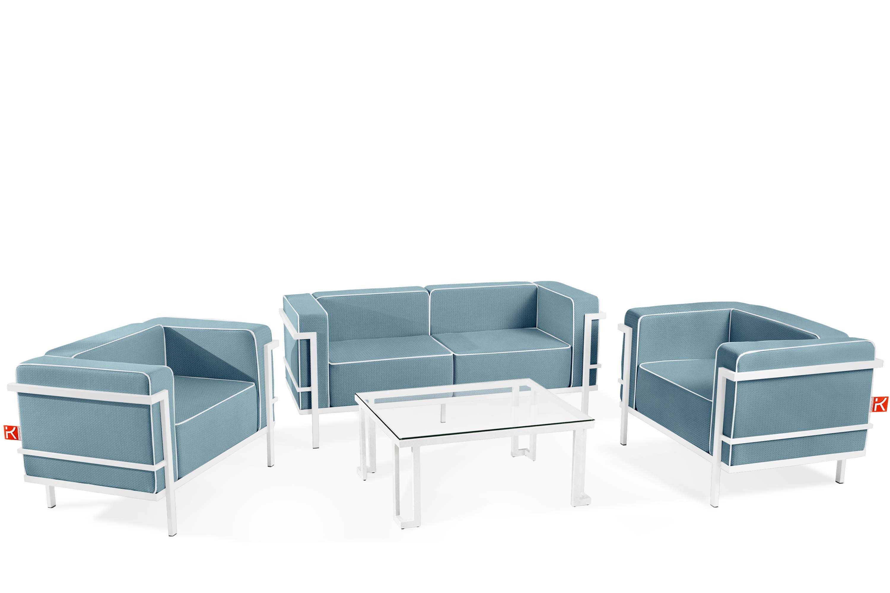 KONSIMO® Gartenlounge-Set TRIGLO Gartenmöbelset hergestellt in der EU, (4-tlg., 1x Tisch, 2x Sessel, 1x Sofa 2-Sitzer), Modern, handgefertigt, Stahlrahmen, mit Auflage