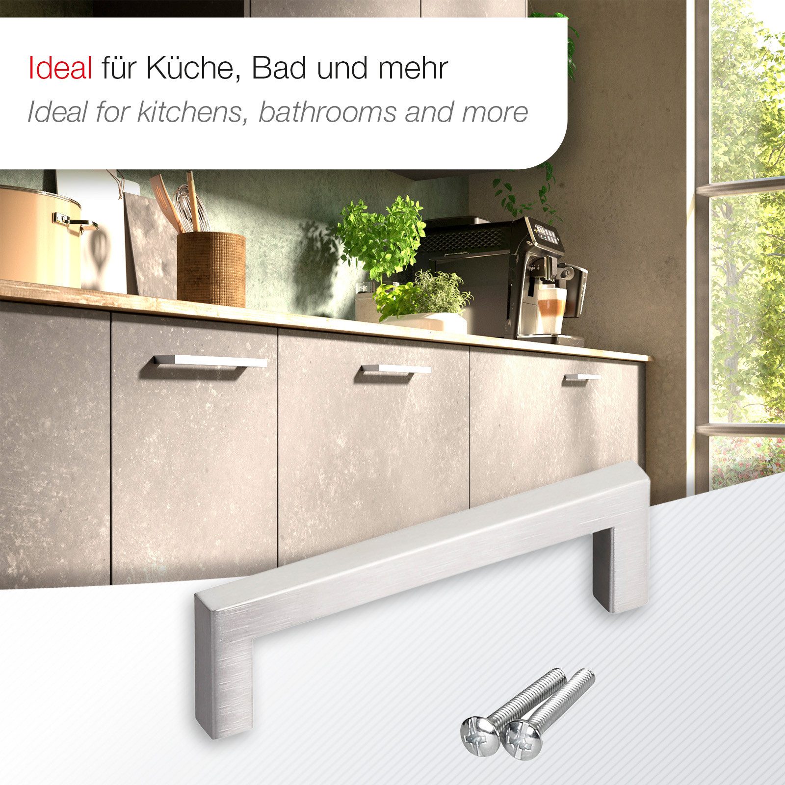 SO-TECH® Möbelgriff Stangengriff E8, aus echt Edelstahl, Profil eckig 10x10 mm (1-St), gebürstet, Bohrlochabstand 128 mm, mit Schrauben