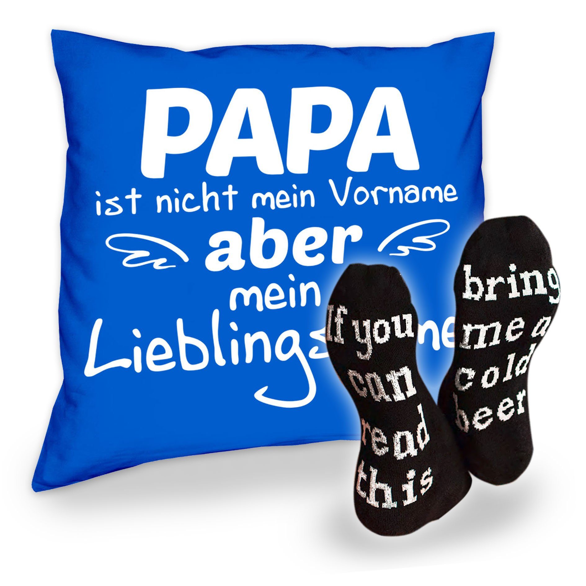 Soreso® Dekokissen Kissen Papa Lieblingsname und Socken mit Bier Spruch, Vatertagsgeschenk Papa Männer royal-blau