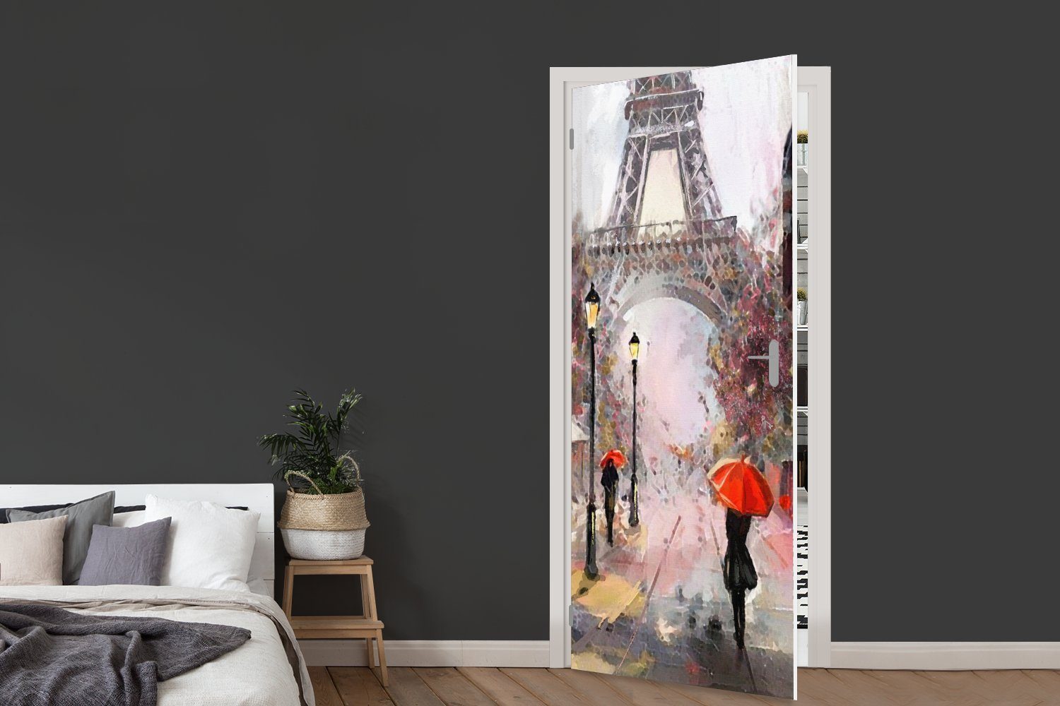 - bedruckt, (1 für Türtapete MuchoWow - Fototapete Tür, Ölgemälde, St), Eiffelturm Türaufkleber, 75x205 cm - Paris Matt, Gemälde Regenschirm -