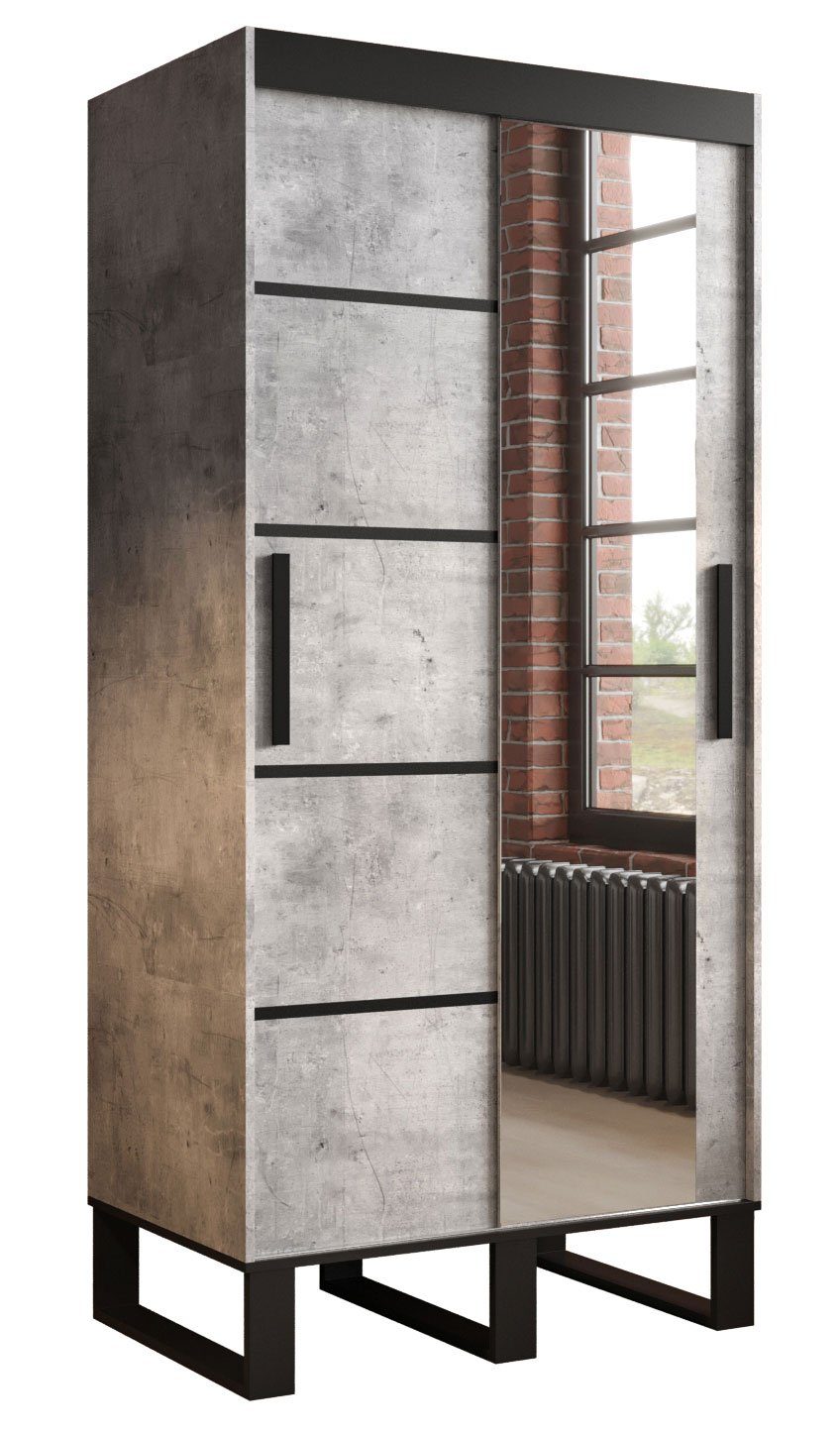 mit Feldmann-Wohnen beton Schubladen / Spiegel (Loft) Zierleisten, Breite schwarz und Schiebetürenschrank wählbar Loft