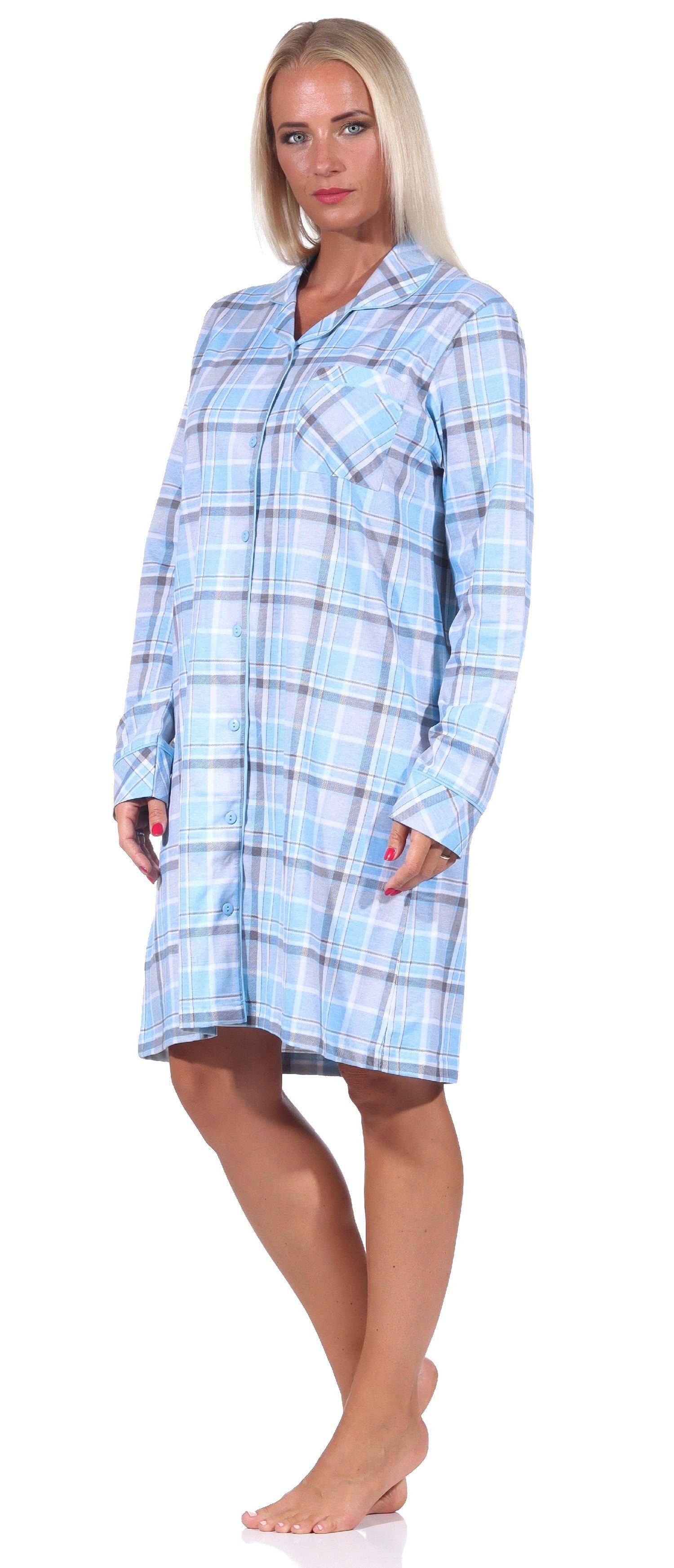 Nachthemd hellblau Nachthemd in Jersey Normann knöpfen Damen Qualität zum Karopotik langarm in