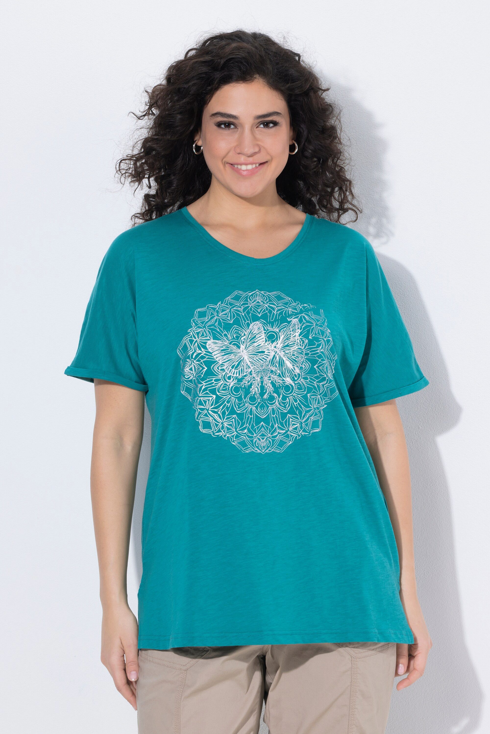 Ulla Popken T-Shirt T-Shirt Metallic-Tiermandala V-Ausschnitt Halbarm