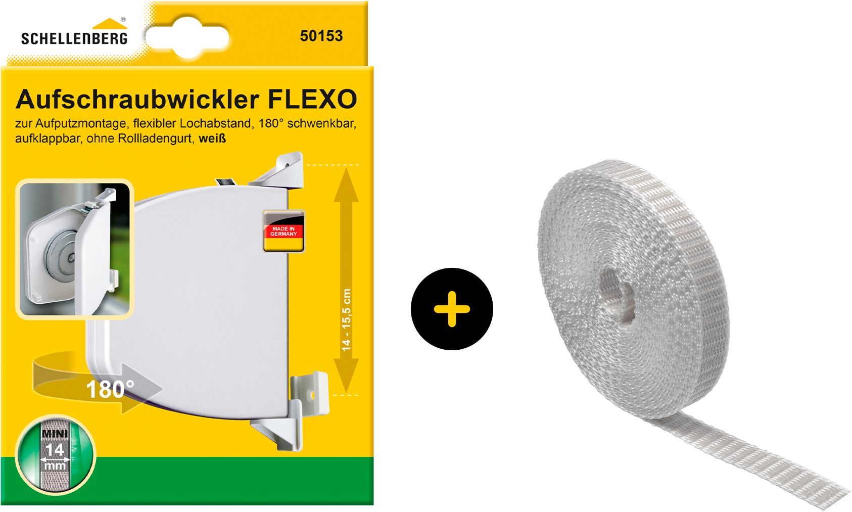 SCHELLENBERG Aufputz-Gurtwickler Flexo für das Rollladensystem Mini, inkl. Rollladengurt in grau, Set, 1-tlg., Aufschraubwickler aufklappbar, höhenverstellbar, 180° schwenkbar weiß