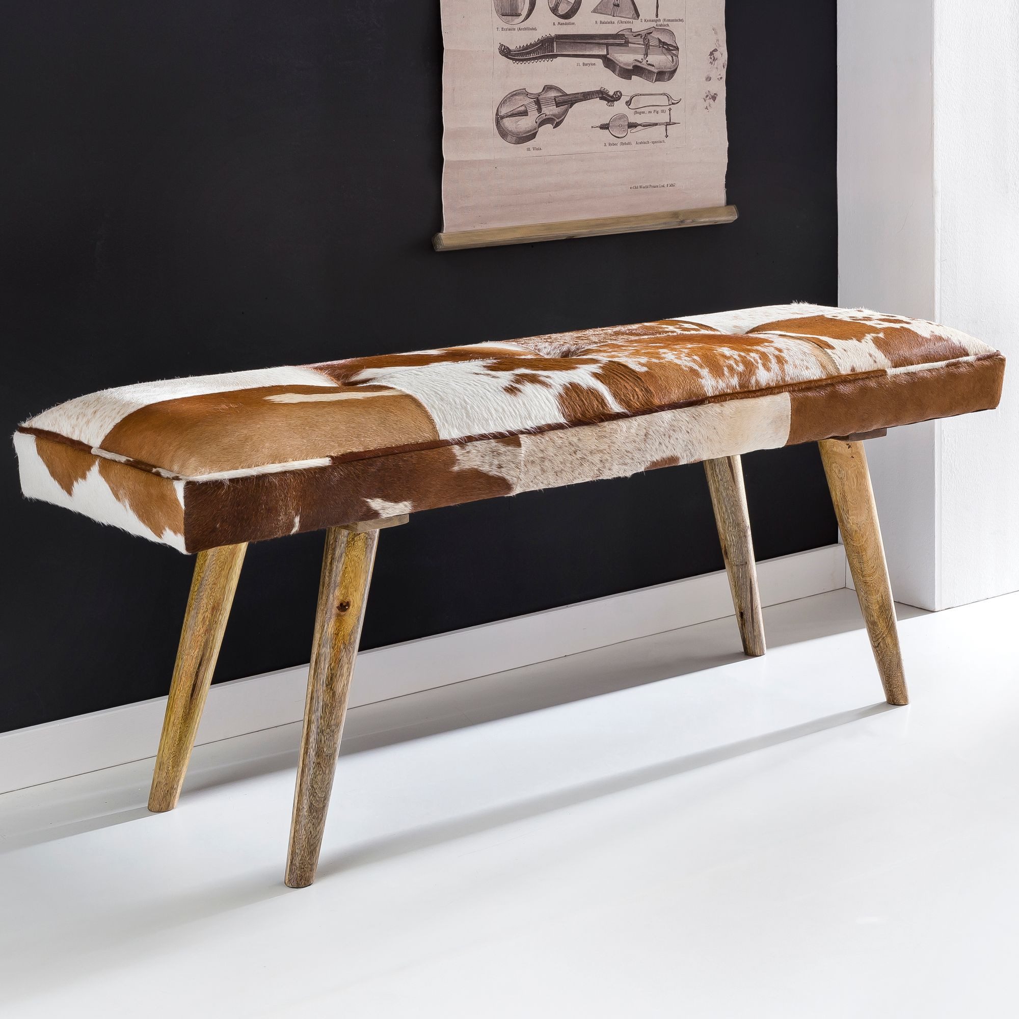 FINEBUY Hockerbank Sitzbank Ziegenfell 120cm Flurbank Polsterbank Design Bank Fell (Sitzbank Ziegenfell / Massivholz Bank 120x40x52 cm), Kleine Bettbank, Polsterbank Flur Esszimmer
