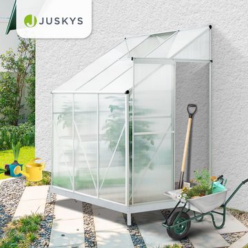 Juskys Anlehngewächshaus Beistell-Gewächshaus, 4 mm Wandstärke, 2,4 m² Grundfläche, witterungsbeständig, mit Regenabflussrinne