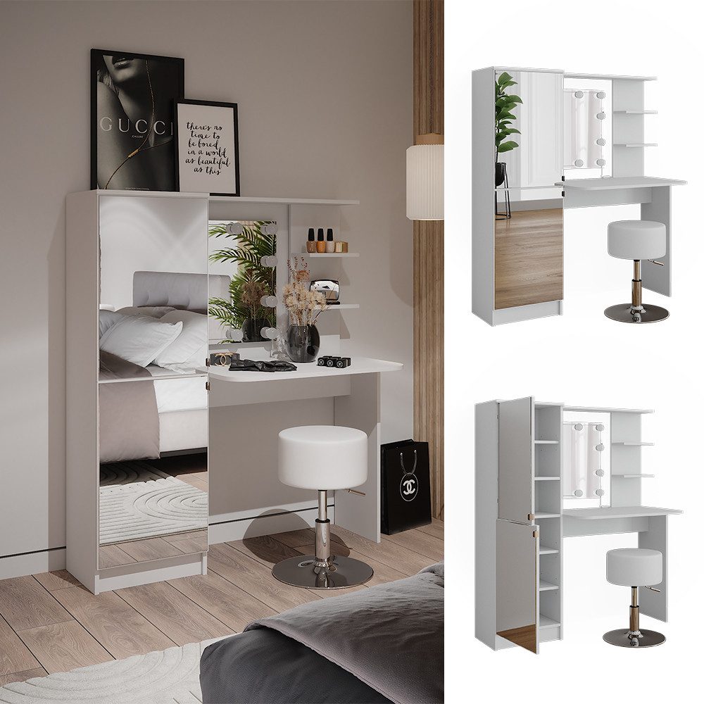 Vicco Schminktisch, Weiß, 123 cm mit LED-Beleuchtung und Hocker günstig online kaufen
