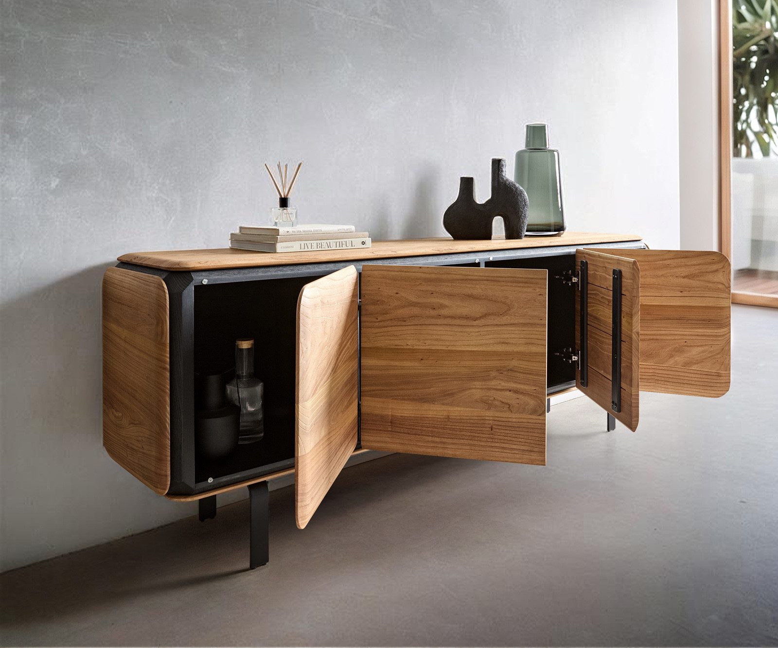 DELIFE Sideboard Giacinto, 180 cm Ulme Natur 4 Türen L-Fuß Schwarz