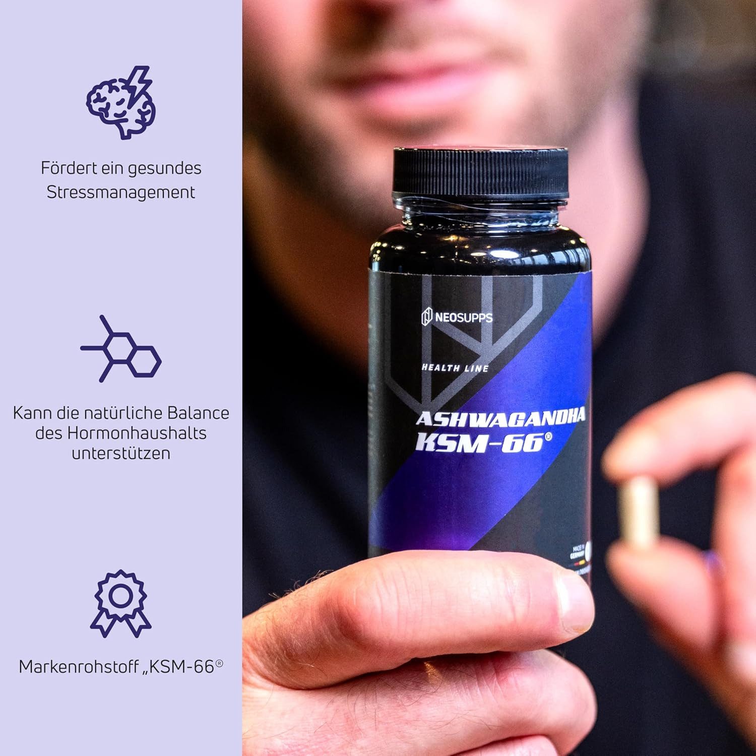 Neosupps Ashwagandha KSM-66, 100% Wurzelextrakt mit 5% Withanoliden, 90 Kapseln, Unterstützt Blutzuckerspiegel, Energie & mentale Klarheit, Vegan