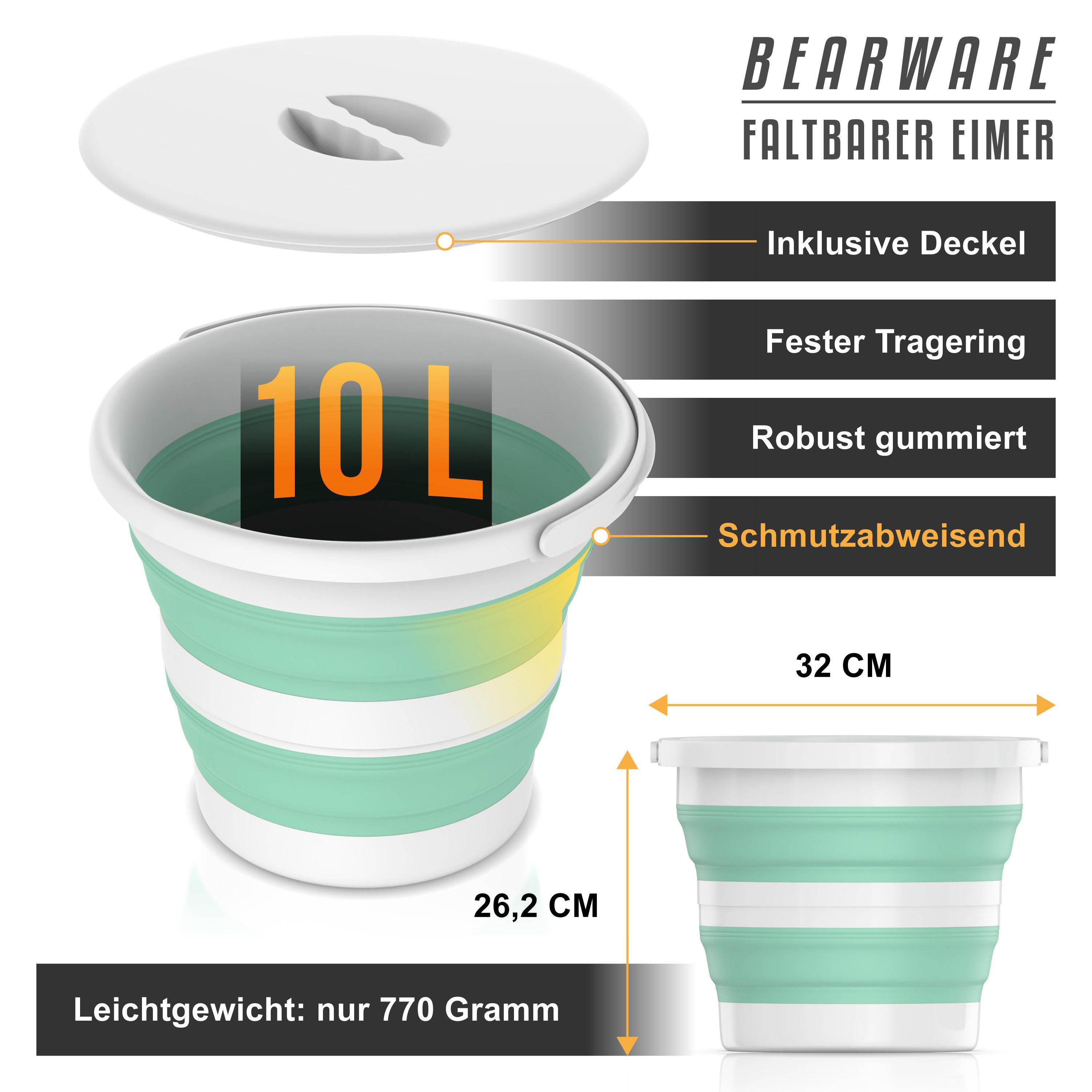 BEARWARE Falteimer Putzeimer 10 l mit Deckel, Campingeimer mit Griff & Öse, rund, (1-tlg), faltbar von 26,2 zu 7 cm, schmutzabweisend, BPA-freies Silikon