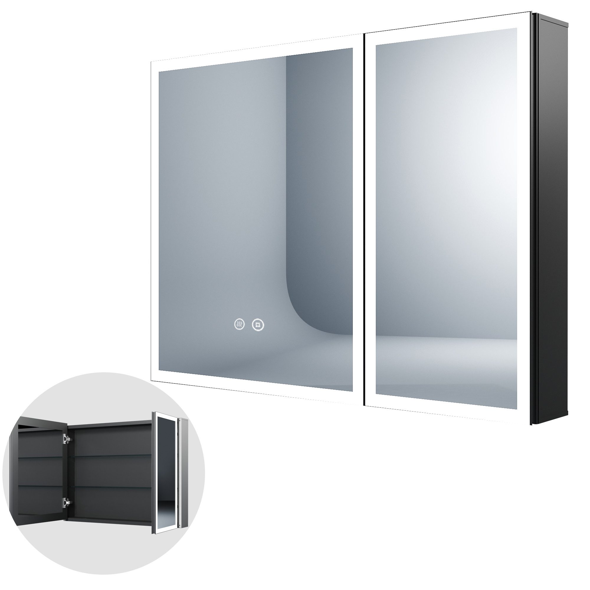 WDWRITTI Spiegelschrank mit beleuchtung 3Lichtmodi Dimmbar Badezimmerspiegelschrank LED 80x60 (Metall LED Wandschrank Hängeschrank Schwarz 2 türig, Speicherfunktion, Doppel Spiegel) Soft-Close-Funktion, IP44, mit Netzstecker