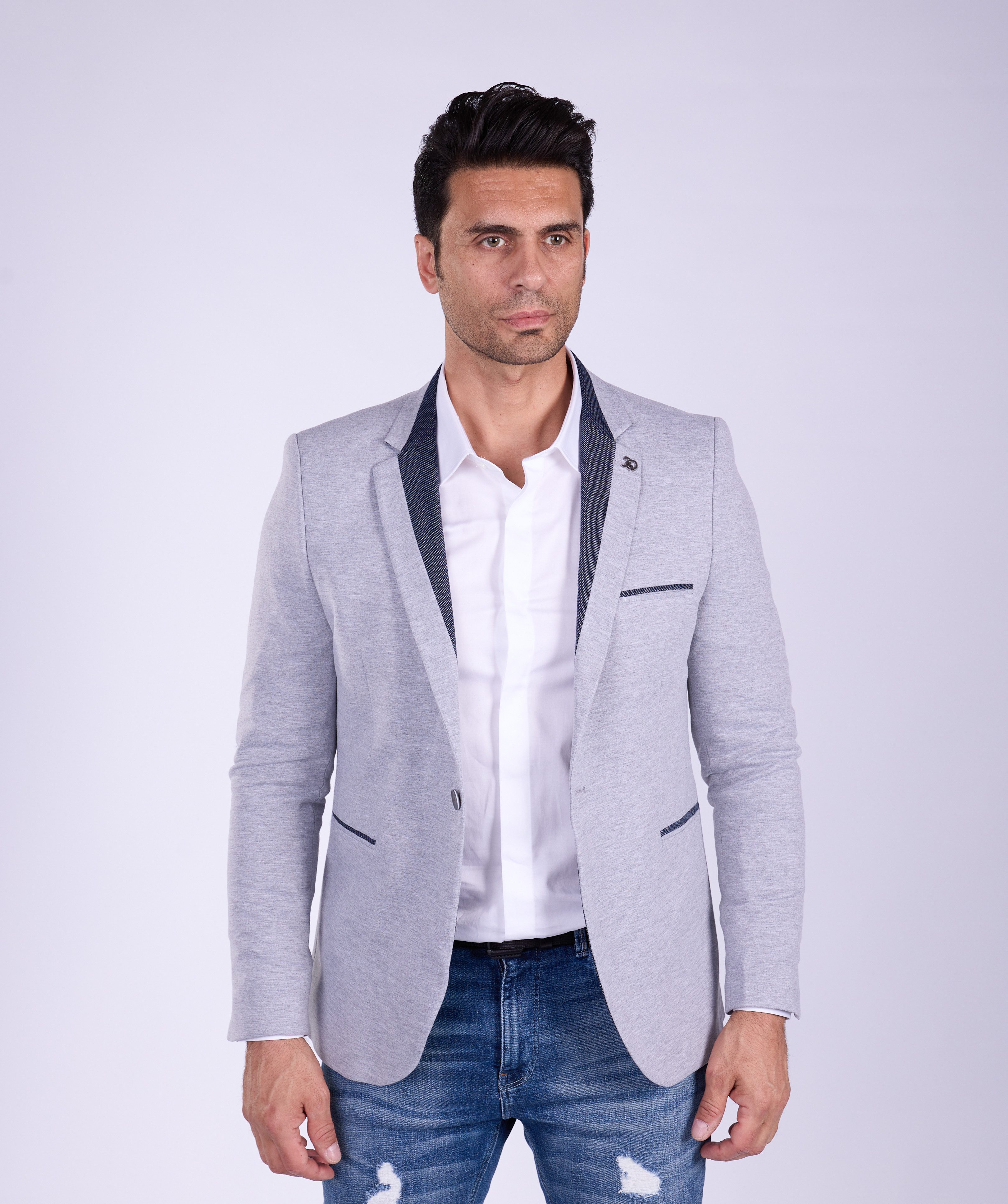 Denim Distriqt Jerseysakko Jersey Sakko mit Jeanskragen Grau Gr. 56 entspri günstig online kaufen