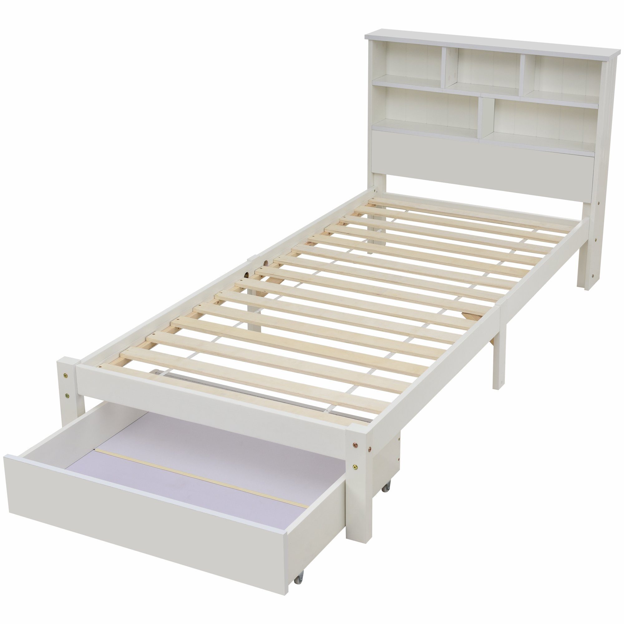 Massivholzbett (Einzelbett mit Schublade und Lattenrost), Holzbett mit Bücherregal, Kinderbett Jugendbett 90x200 cm