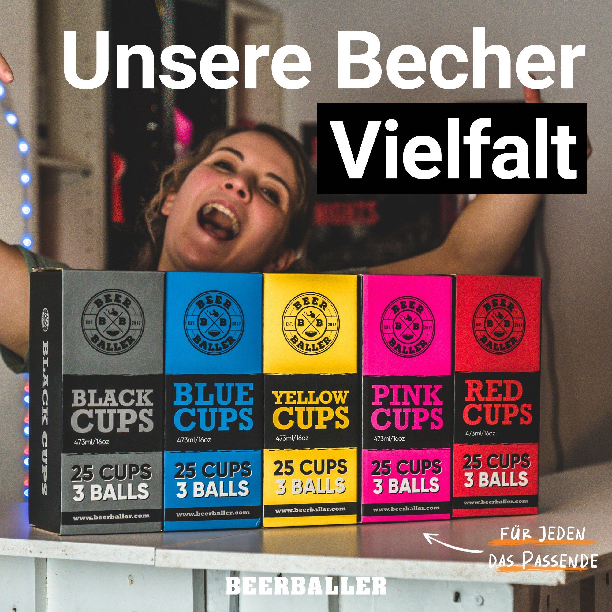 BeerBaller Becher BeerBaller® Beer als Pong Becher 25 gelbe Yelllow Cups & Bälle Set, 16oz/473ml 3 