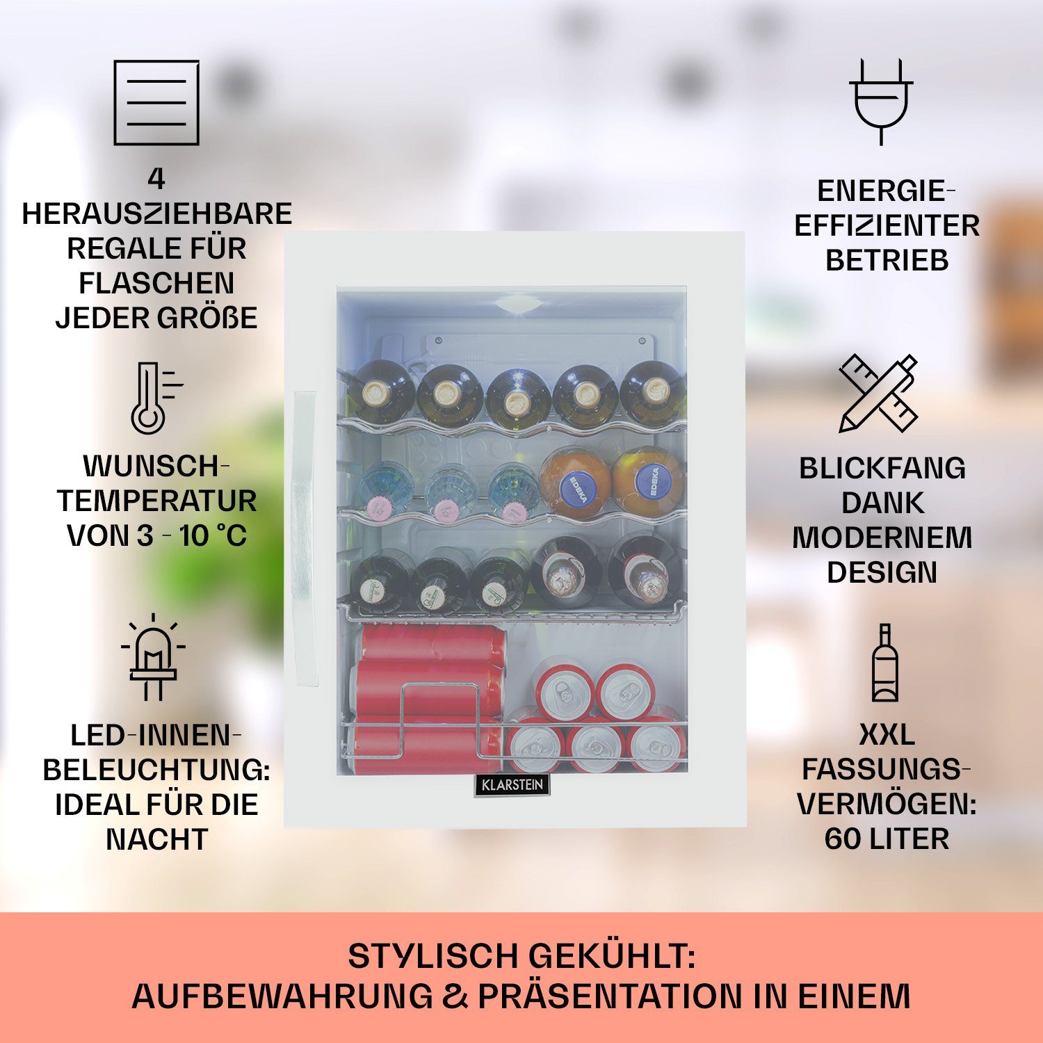 Klarstein Getränkekühlschrank Beersafe XL, 63 cm hoch, 47 cm breit, Bierkühlschrank Hausbar Getränke Flaschenkühlschrank Glastür