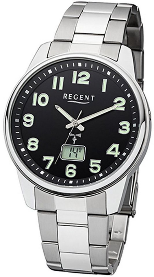 Regent Funkuhr Regent Herren-Armbanduhr silber garu, Herren Funkuhr rund,  groß (ca. 41mm), Edelstahlarmband