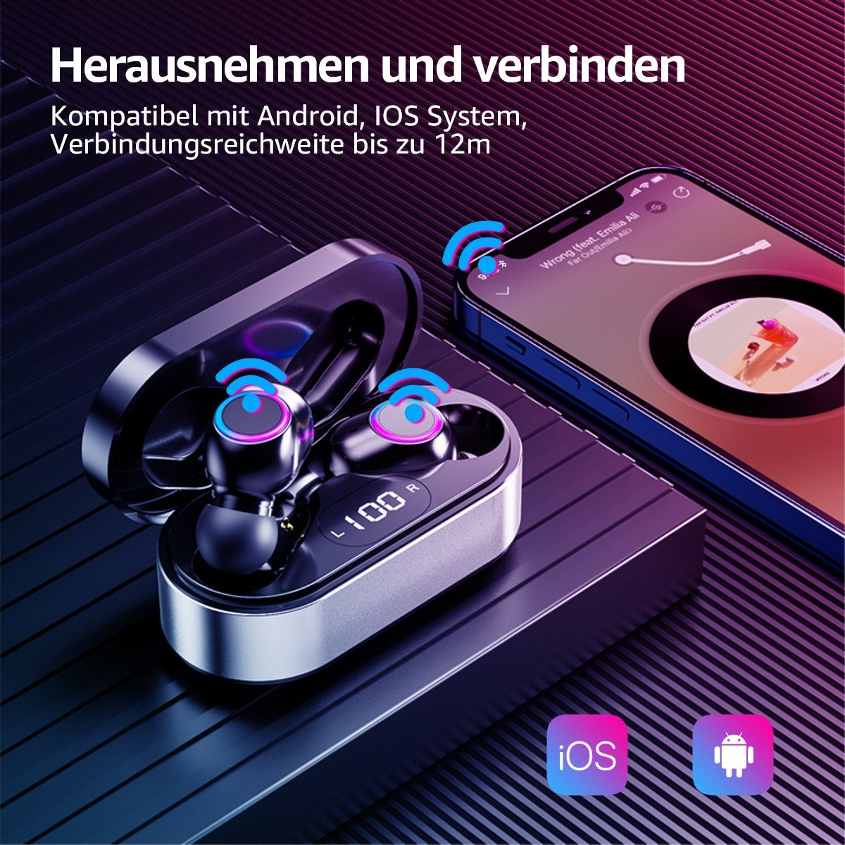 Wireless Earbuds Greensky Stereo (Siri, Assistant, Bluetooth-Kopfhörer Silber Rauschunterdrückung) HiFi Voice F12,