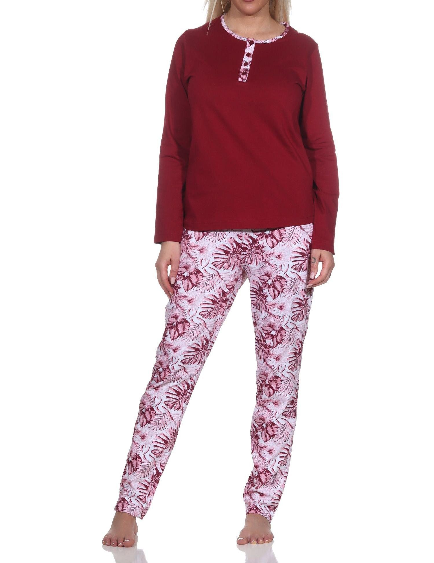 Pyjama Damen Schlafanzug mit Hose in floralem Print - auch in Übergrößen