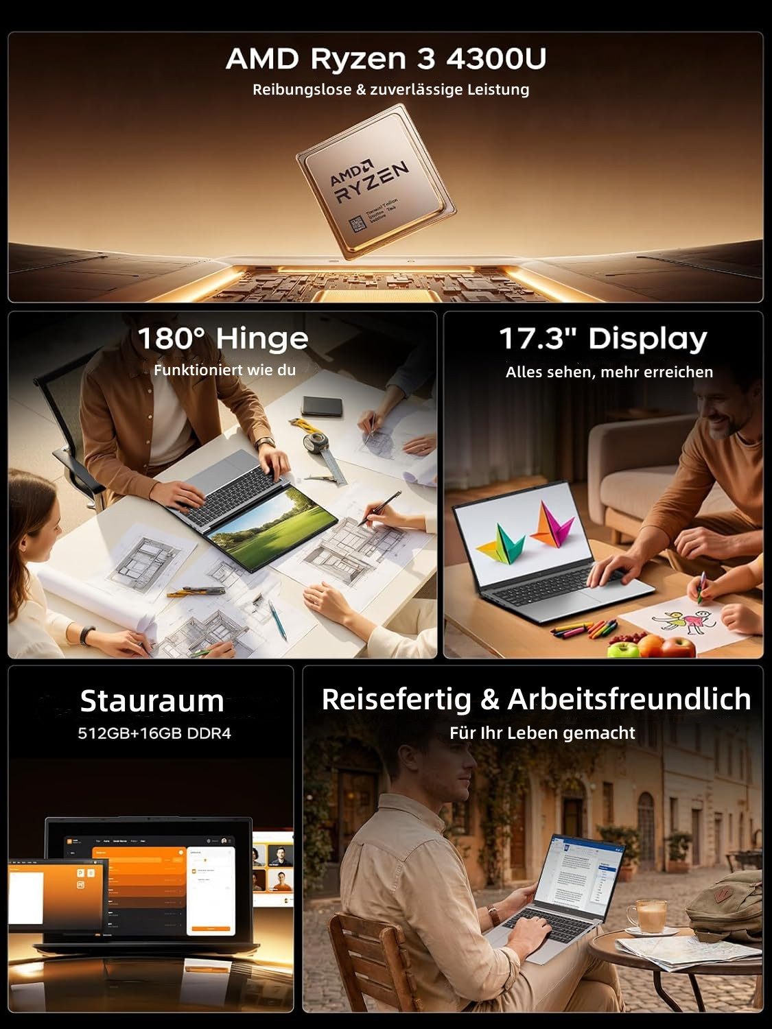 ACEMAGIC 17.3 Zoll, AMD Ryzen 3 4300U, 16GB RAM, 512 GB SSD,AMD Radeon Graphics Notebook (AMD AMD Ryzen™ 3 4300U, AMD, 16 GB, 512 GB SSD, 180° Drehung, Mit Zifernblock, Deutsche Tastaturaufkleber)