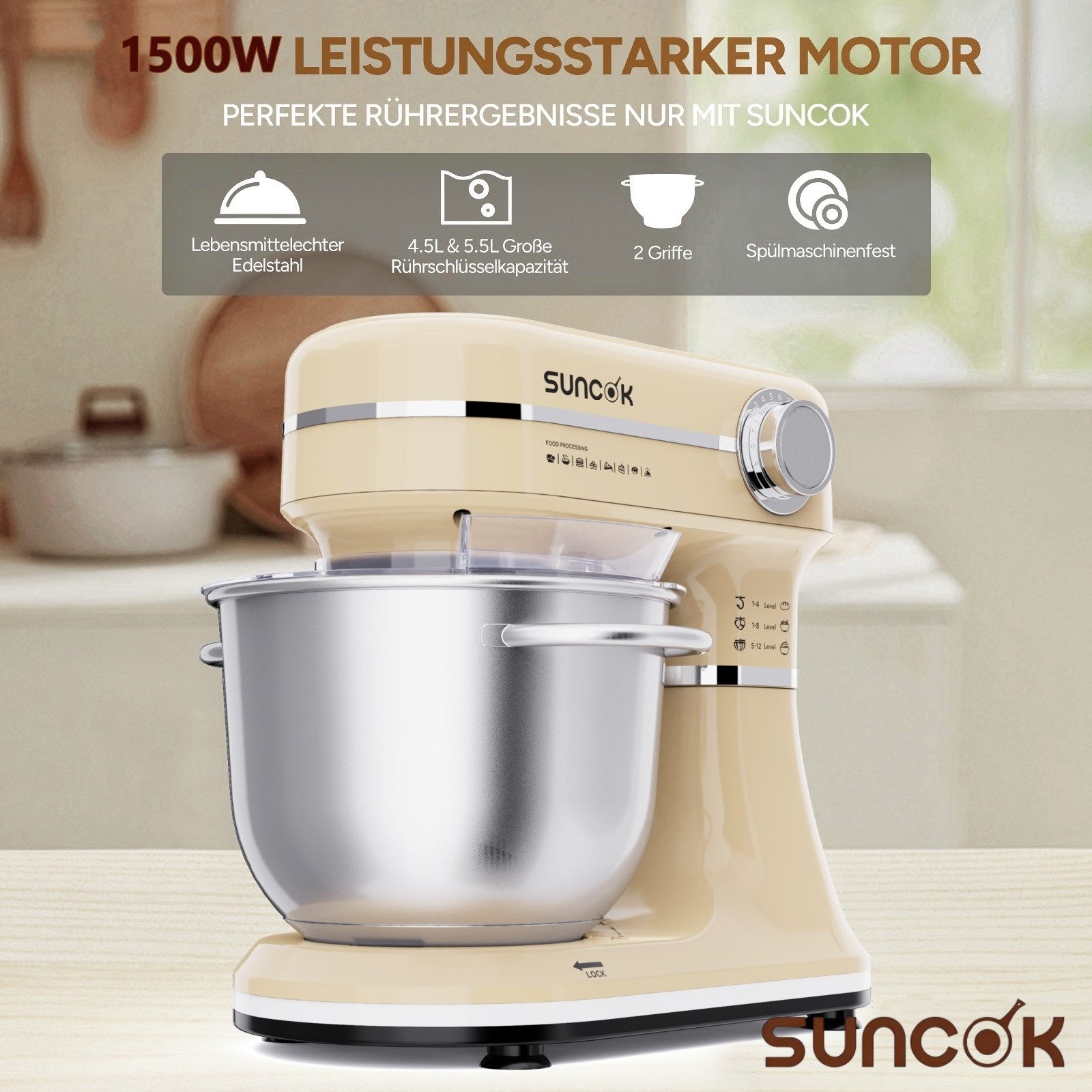 SUNCOK Küchenmaschine Multifunktionale Knetmaschine, 12-Geschwindigkeit, 59 Dezibel. geeignet zum Backen und Kneten von Teig, 1500 W, Elektrische Küchenmaschine,mit 2 Edelstahl-Rührschüsseln 4,5 und 5,5l