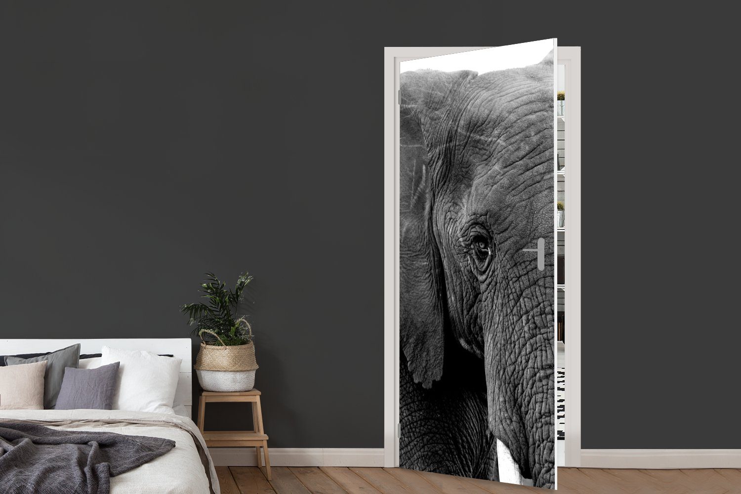Türtapete - - bedruckt, für Elefant Tür, cm Schwarz Türaufkleber, (1 Tiere Weiß MuchoWow - Natur, St), - 75x205 Fototapete Matt,