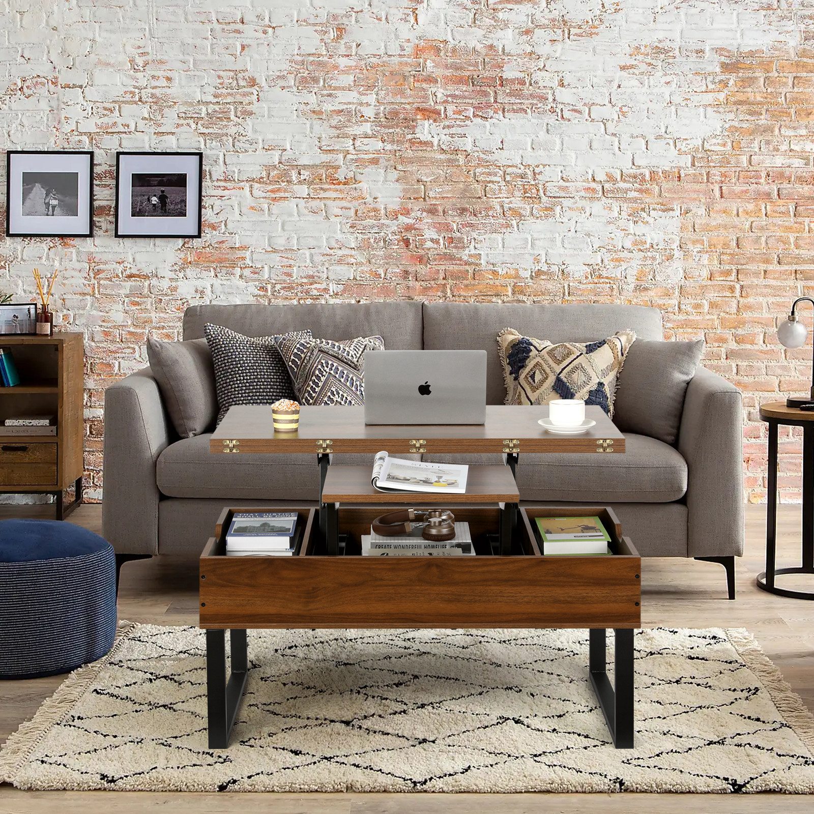 VOWNER Couchtisch 3-in-1 Mehrzweck-Wohnzimmertisch, höhenverstellbar, Esstisch, 100 × 50 × 45 cm/100 × 100 × 45 cm – Bild 5 von 5