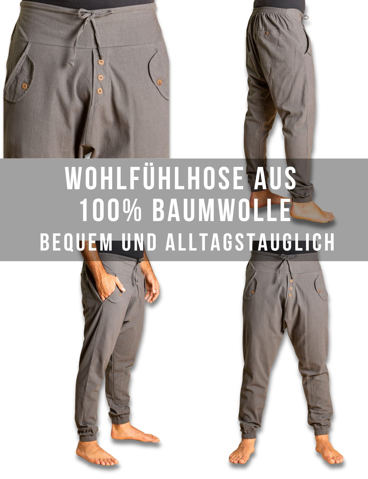 PANASIAM Haremshose Yogipants classic bequeme Freizeithose wie Aladinhose Unisex für Damen und Herren Haremshose Tunnelzug vorne Gummiband hinten