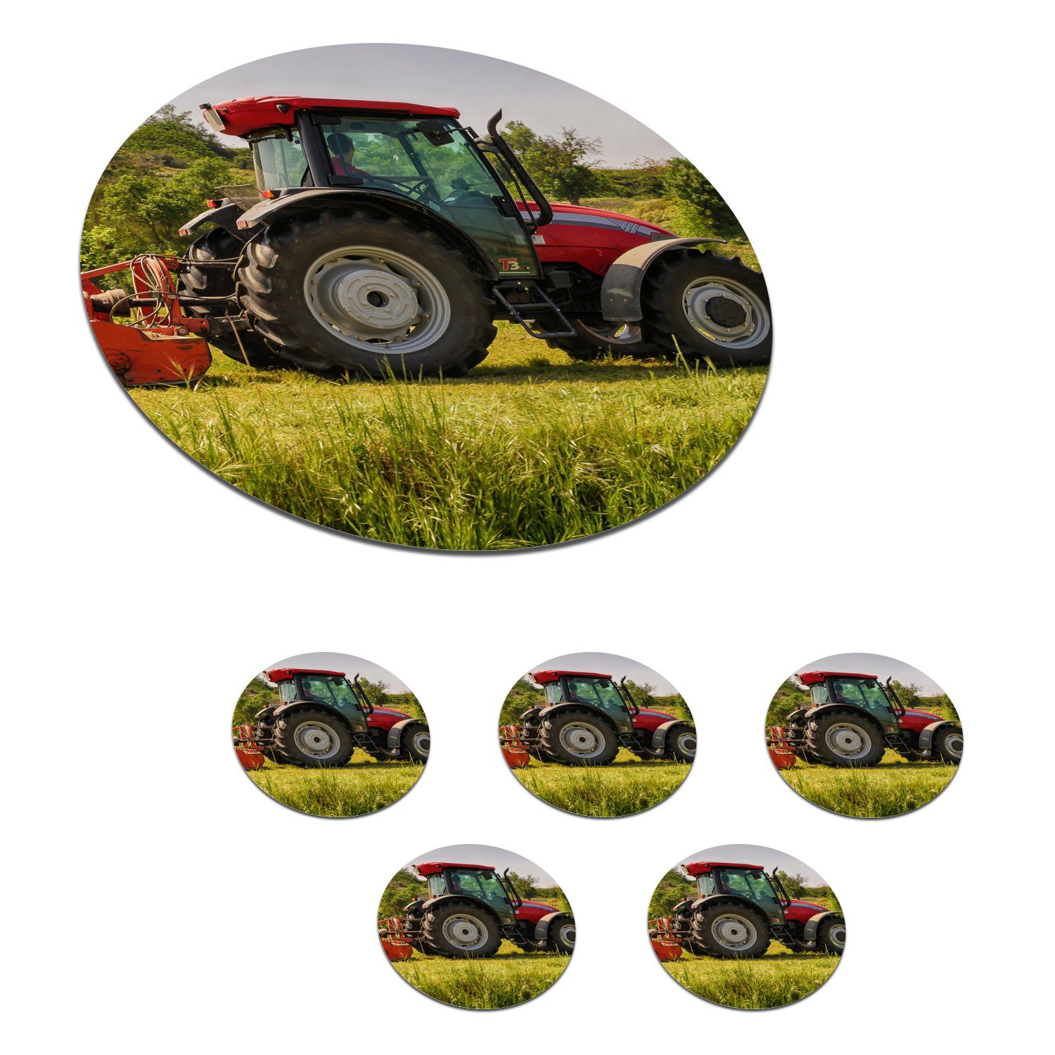 Grün - MuchoWow Rot Traktor Landleben, 6-tlg., für Gläser, Natur Glasuntersetzer Tassenuntersetzer, Korkuntersetzer, Becher - Zubehör Getränkeuntersetzer, - Tasse, -