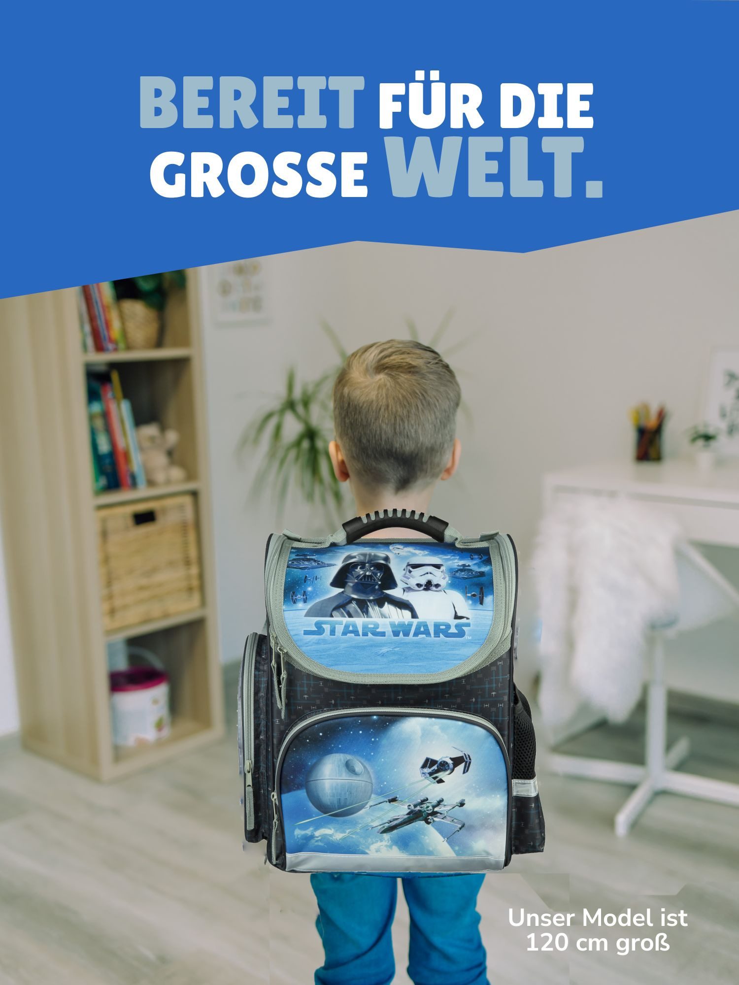 Familando Schulranzen Clou Star Wars Schultasche, Darth Vader, blau, ab 1. Klasse (Grundset, 5-tlg., mit Federmappe, Schlamper, Turn- & Geldbeutel), kompakt, mit 2-Wege-Reißverschluss