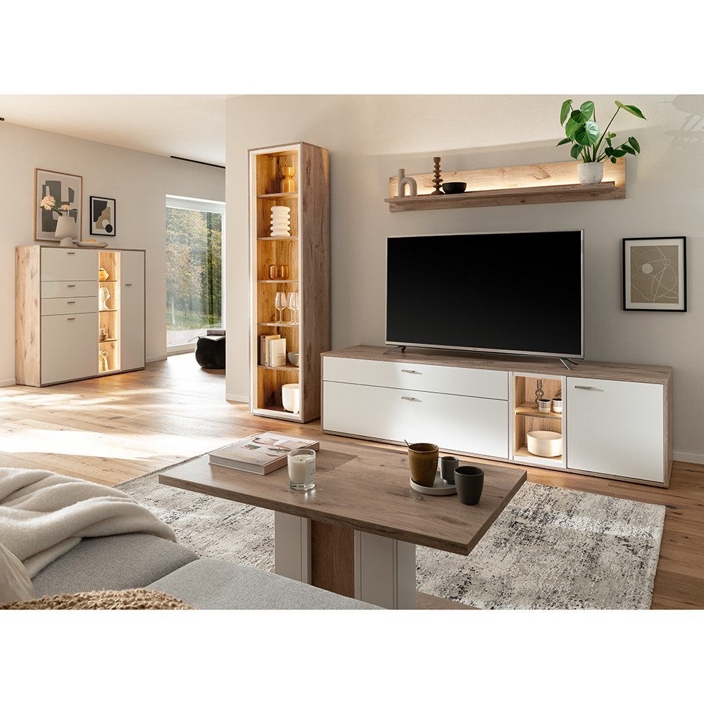Lomadox Wohnzimmer-Set SAGUNTO-05, (Mega-Spar-Set, 5-St., Highboard Vitrine Lowboard Wandboard Couchtisch), Wohnwand, in weiß und Eiche, inkl. LED-Beleuchtung