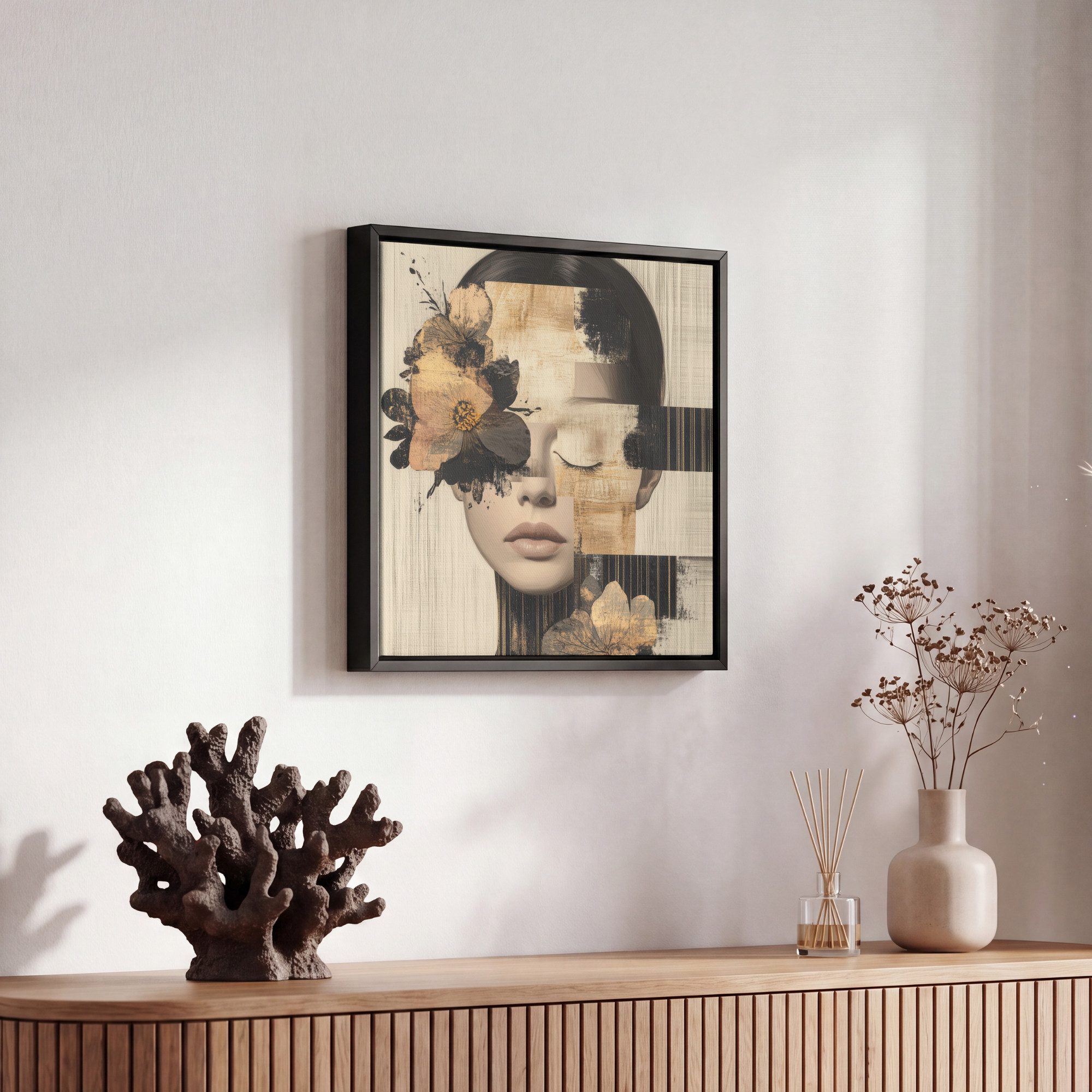 OneMillionCanvasses® Leinwandbild mit Rahmen - Gesicht - Blumen - Schwarz - Frau, Fotodruck (1 St), Leinwand Bilder Klein, Wand Dekoration Aesthetic 20x20cm – Bild 5 von 5