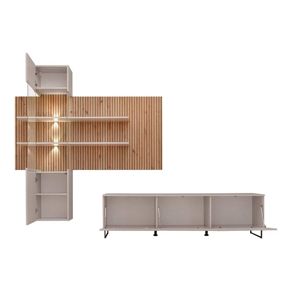 Lomadox Wohnwand GALATINA-164, (2-St., Wandpaneel mit Vitrine, Lowboard), A günstig online kaufen