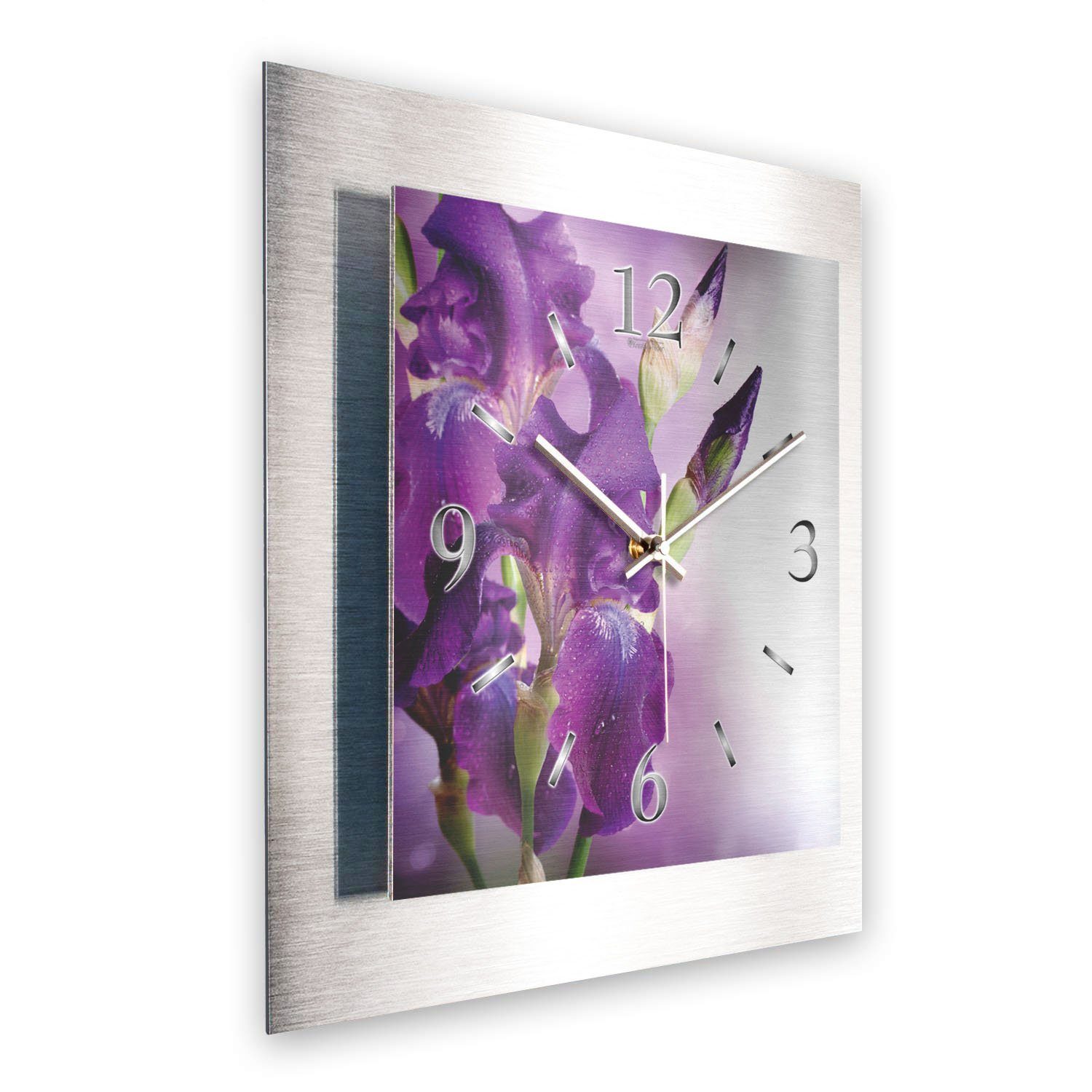 Kreative gebürstetem Zwei-Platten-Design; (3D-Wölbung; aus flüsterleises Feder 3D einzigartiges Designer-Wanduhr Uhrwerk) Aluminium „Violette Wanduhr Orchideen“
