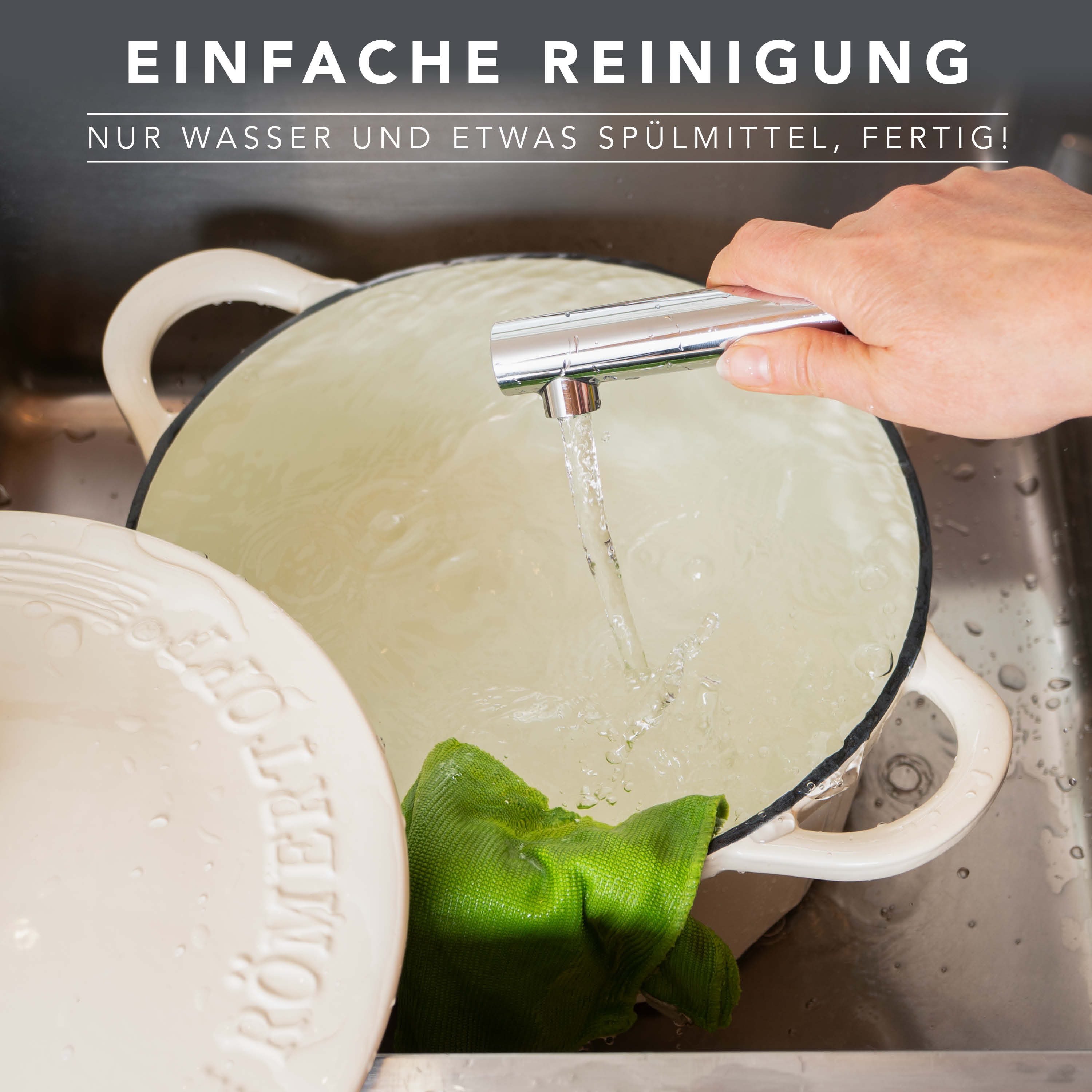 RÖMERTOPF Bratentopf Gusseisen Topf 24cm Creme, Gusseisen (Set, 2-tlg., Set mit Deckel), Backofengeeignet Induktionsgeeignet Zum Braten, Schmoren, Kochen – Bild 4 von 5