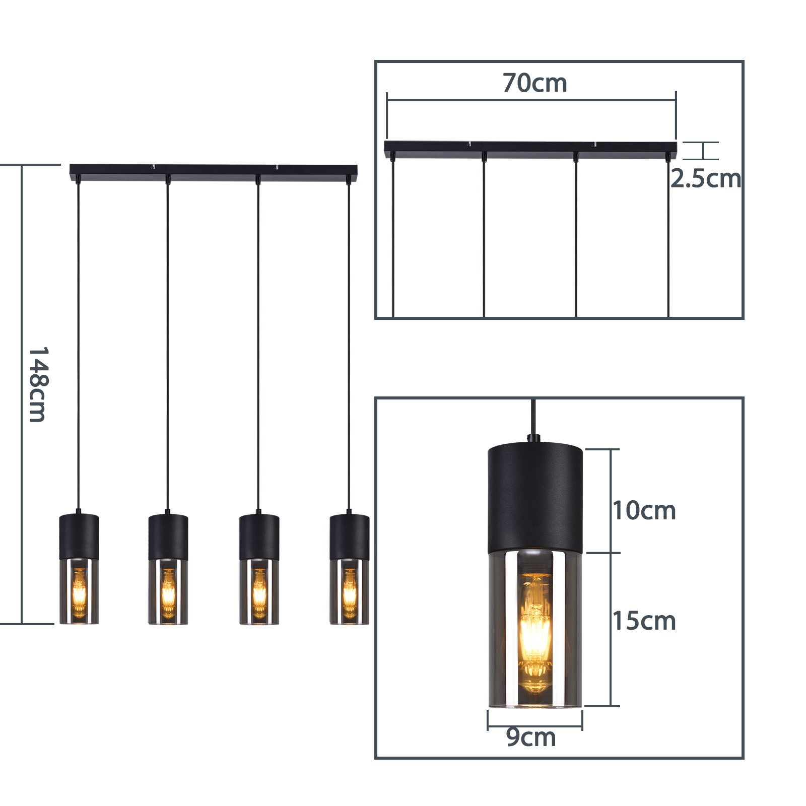 Nettlife Pendelleuchte Schwarz Esstisch E27 1/3/4 Flammig Glasschirm Hängeleuchte, LED wechselbar, Esstisch Wohnzimmer Schlafzimmer – Bild 5 von 5