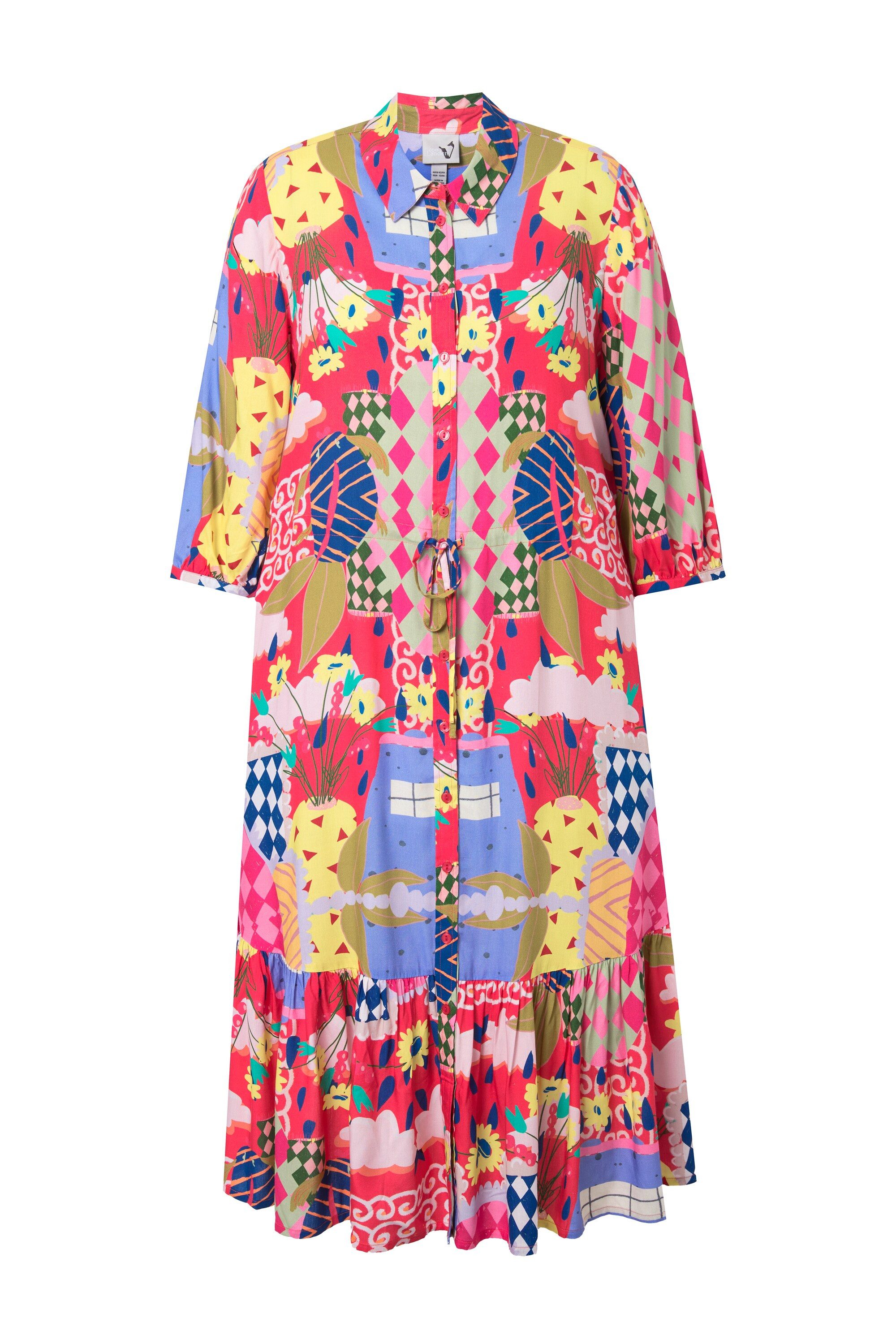 Ulla Popken Hemdblusenkleid Midikleid Holiday-Motiv Hemdkragen 3/4-Arm
