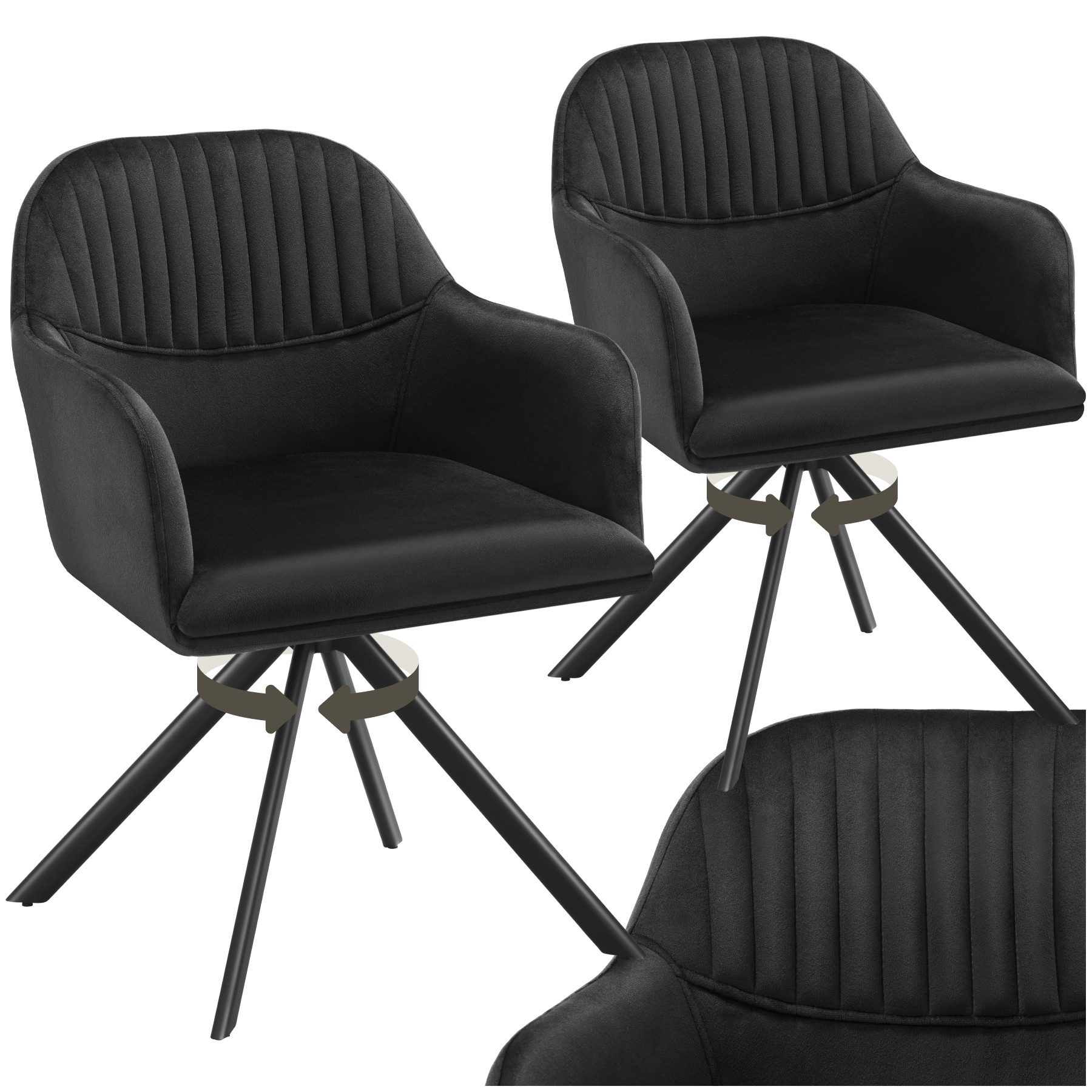 tectake Esszimmerstuhl Samt-Drehstuhl gepolstert, mit durchgehender Lehne, 56 x 59 x 81 cm (Bürostuhl Lona in schwarz/schwarz, 2 St), 360° drehbar, schlanke Stahlbeine, bodenschonend, Belastbarkeit 120 kg