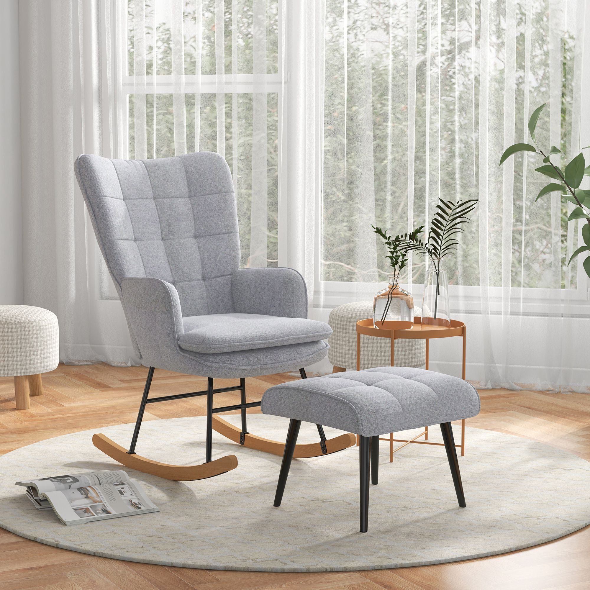 HOMCOM Schaukelsessel Schaukelstuhl mit Hocker, Sessel mit Leinenoptik (Schaukelstuhl mit Hocker, 2-St., bestehend aus Sessel und Hocker), Schaukelfunktion, Hocker inklusive
