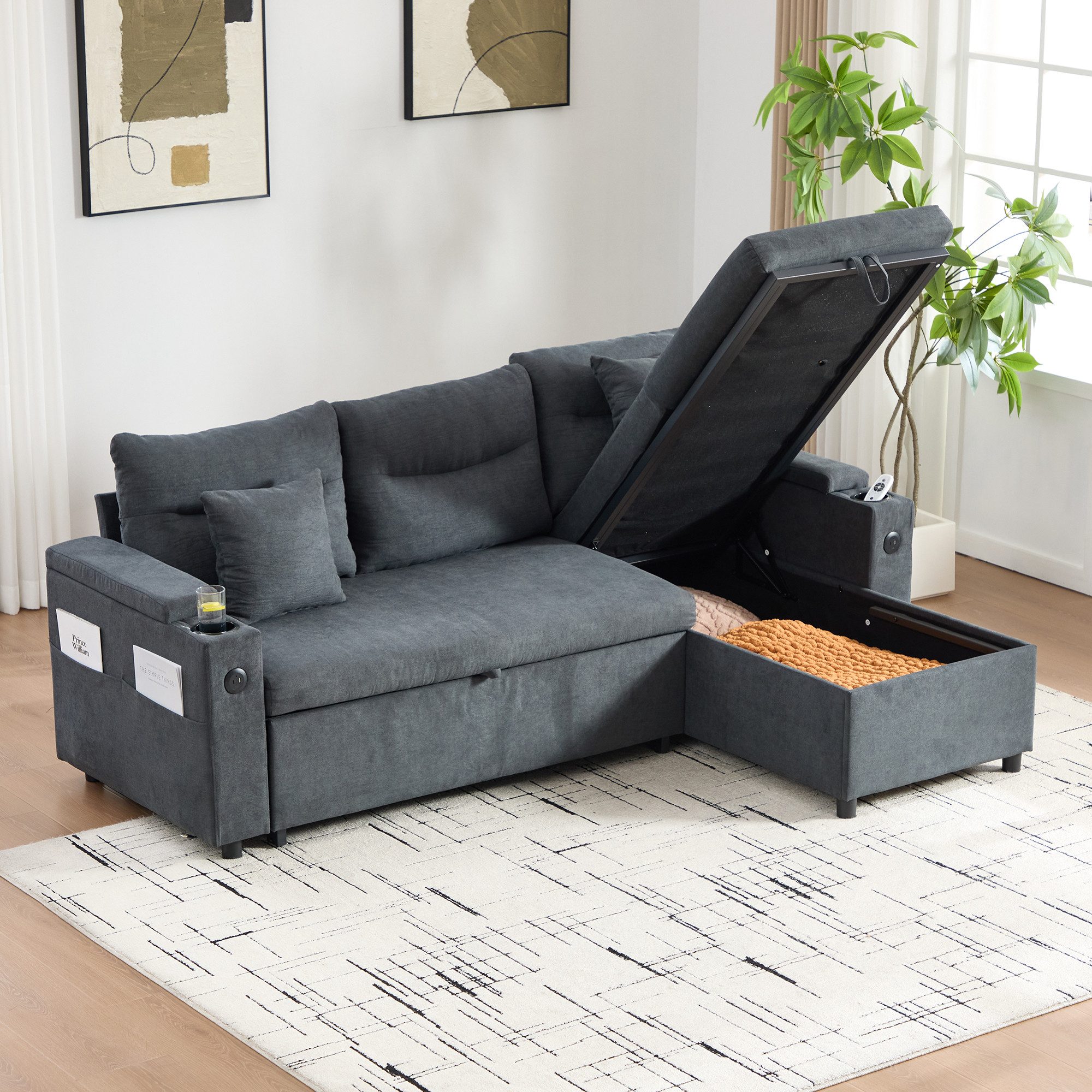 OKWISH Sofa Ecksofa Schlafsofa, Cordsofa mit Stauraum, Getränkehaltern und günstig online kaufen