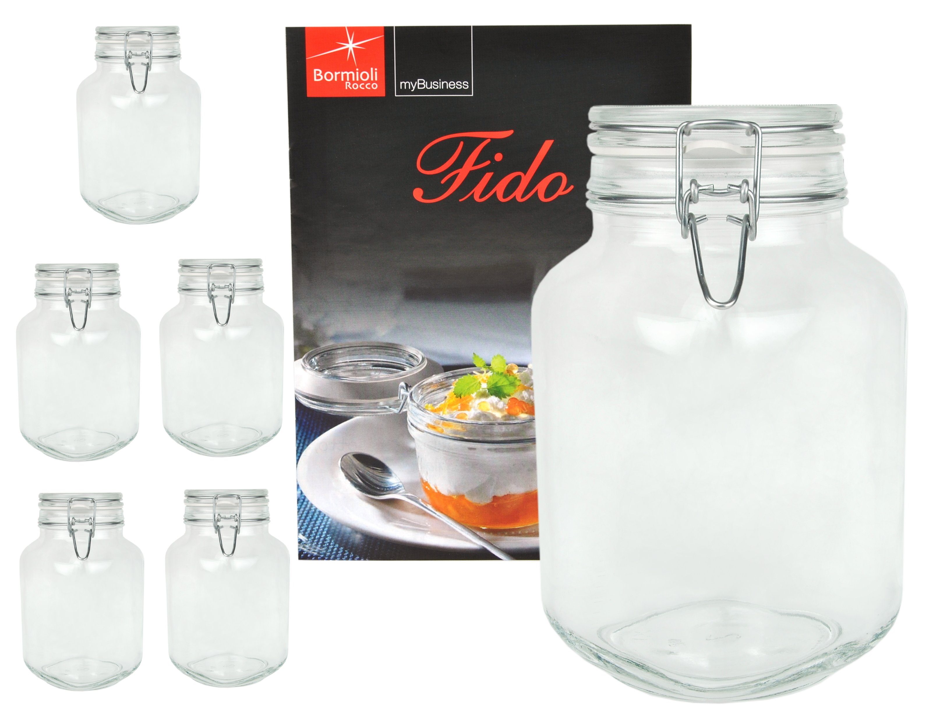 Fido 2,0L MamboCat Bügelverschluss Set Rezeptheft, 6er Vorratsglas Einmachglas Original Glas incl