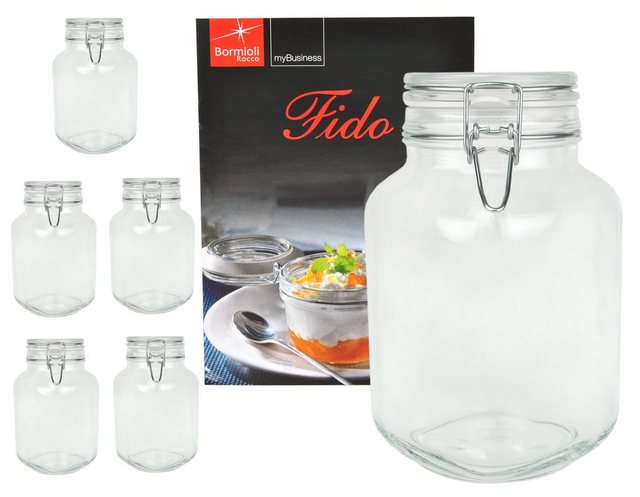 MamboCat Vorratsglas 6er Set Einmachglas Bügelverschluss Original Fido 2,0L incl. Bormioli Rezeptheft