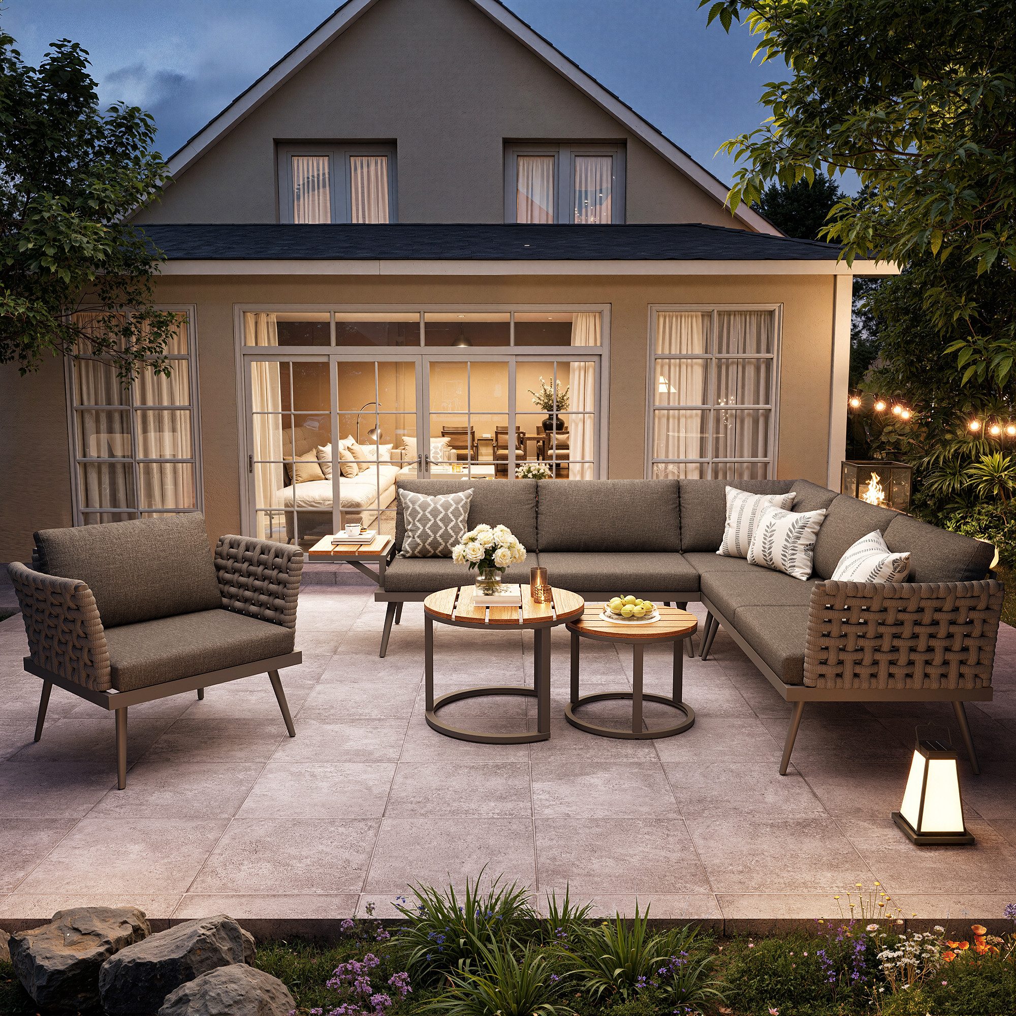 i@home Gartenlounge-Set, (4-tlg), Sechssitzer, mit handgeflochtenen Armlehnen, Wetterfeste, aus Eisen