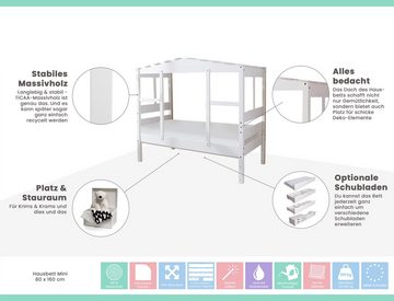 Ticaa Hausbett Hausbett Mini mit Bettkasten "Amelie" Kiefer Weiß (Set), Hausbett mit Vorhangstoff, Matratze und Rollrost