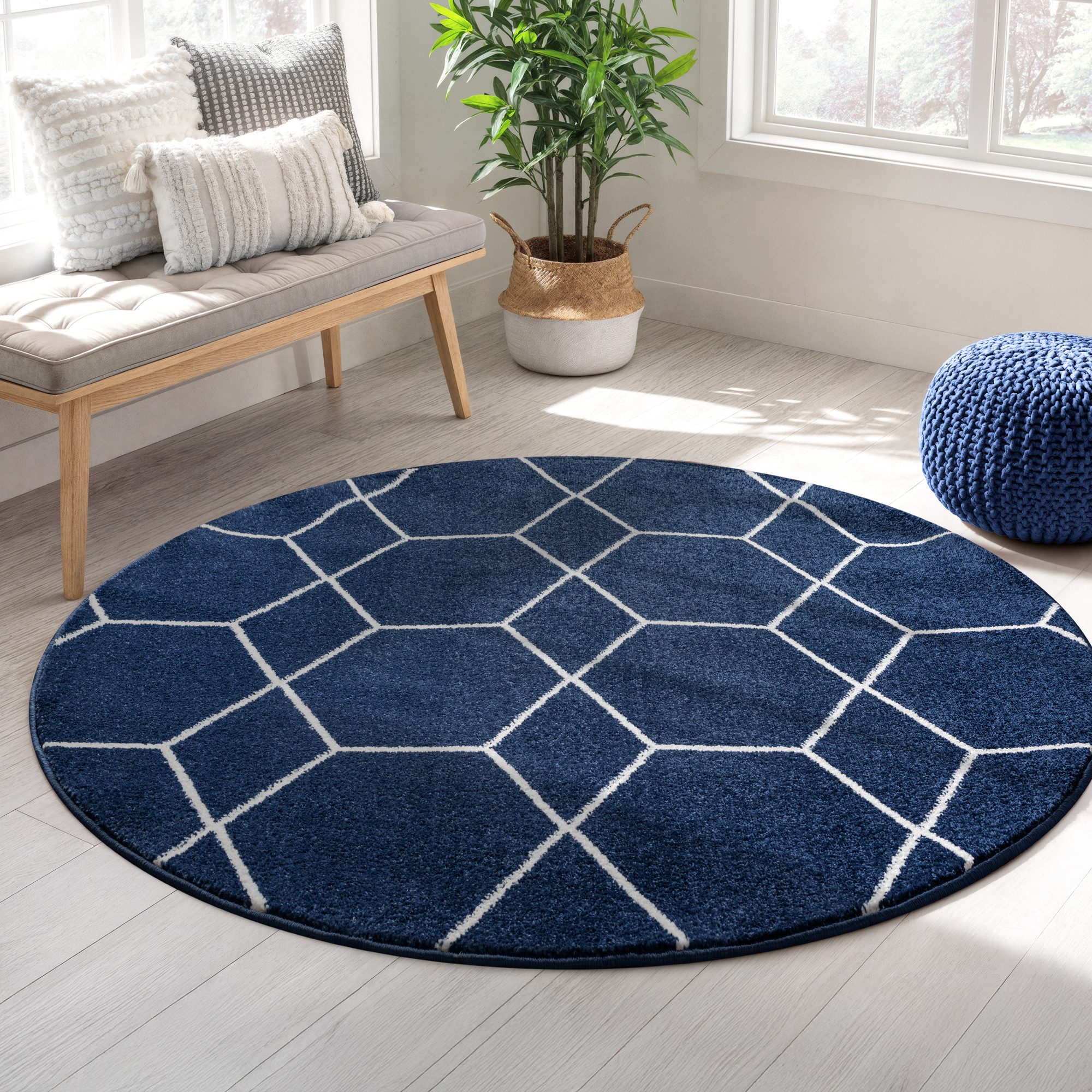 Sanat Teppich Trellis, auch als Läufer und Rund, rund, Höhe: 10 mm, Kurzflor, skandi, boho, große Farbauswahl, alle Räume