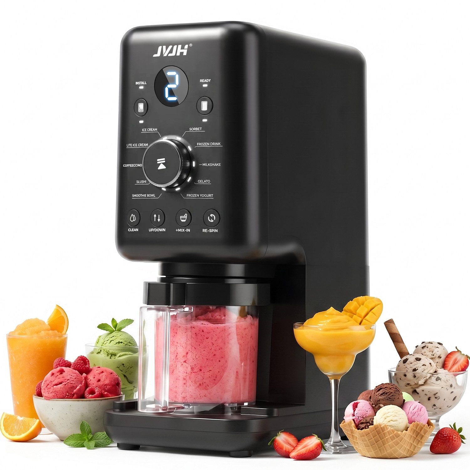 JVJH Eismaschine für Zuhause,10 Programme,2L,Gefrierbehälter 650 ml*3,Selbstreinigung, 2 l, 800 W, Spülmaschinengeeignete Teile,für Frozen Joghurt, Sorbet und Eiscreme