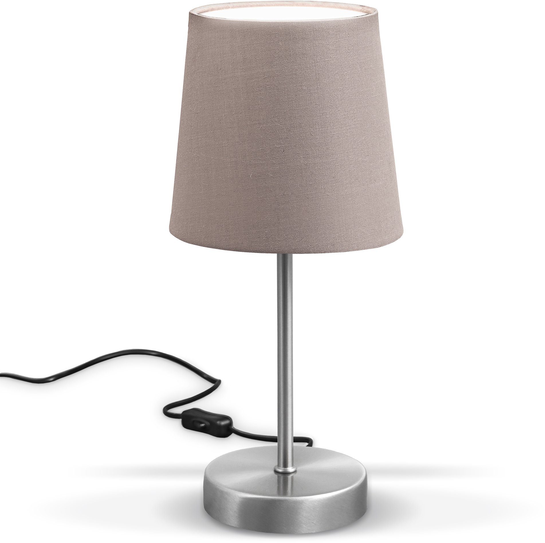 B.K.Licht Tischleuchte, ohne Leuchtmittel, LED Nachttischlampe mit Schalter E14 IP20 Stoff taupe matt-nickel | Tischlampen