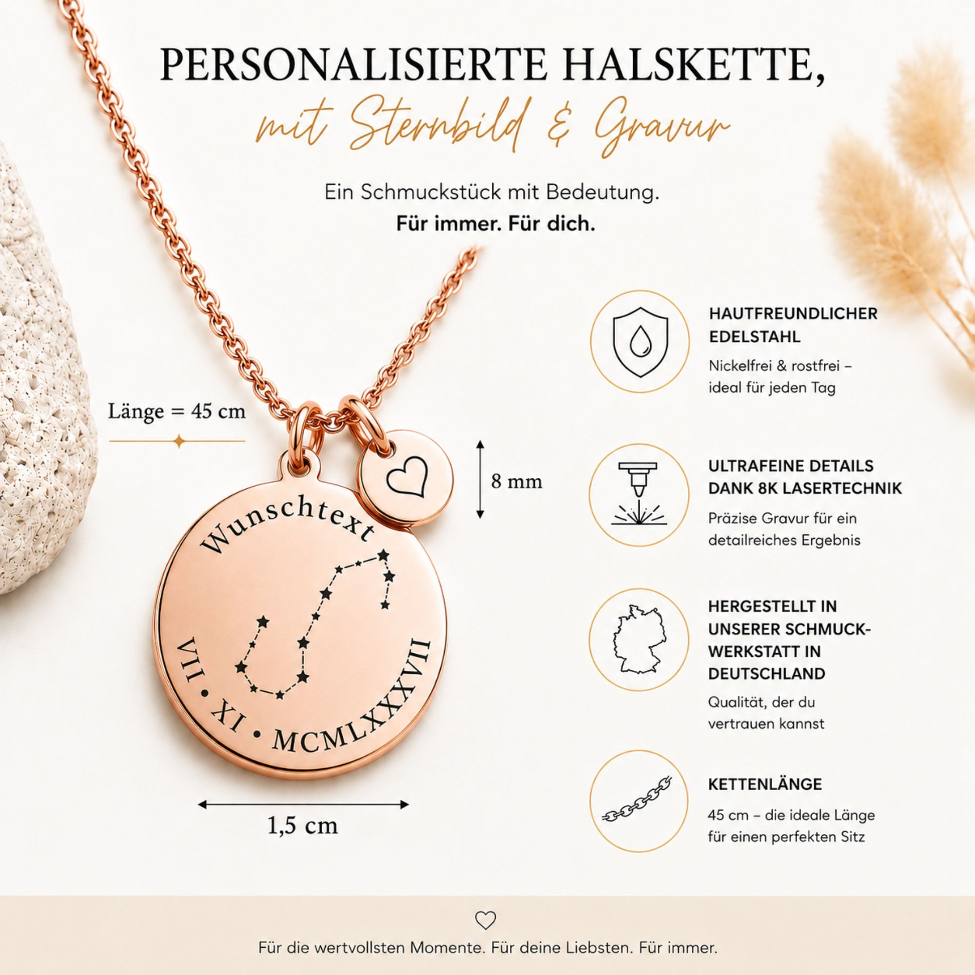BS Schmuckdesign Kette mit Anhänger mit Gravur Personalisierte Halskette Damen Sternbild Gravur Römische Zahlen (inkl. Gravur), vollständig personalisierbar inkl. Geschenkbox