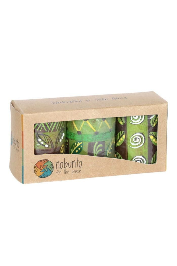 Nobunto Stumpenkerze Geschenkbox - BABA - 3 x Kerzen - 5x7cm (Set, 3-tlg), Handbemalte Kunstkerze aus Südafrika · Fair for Life