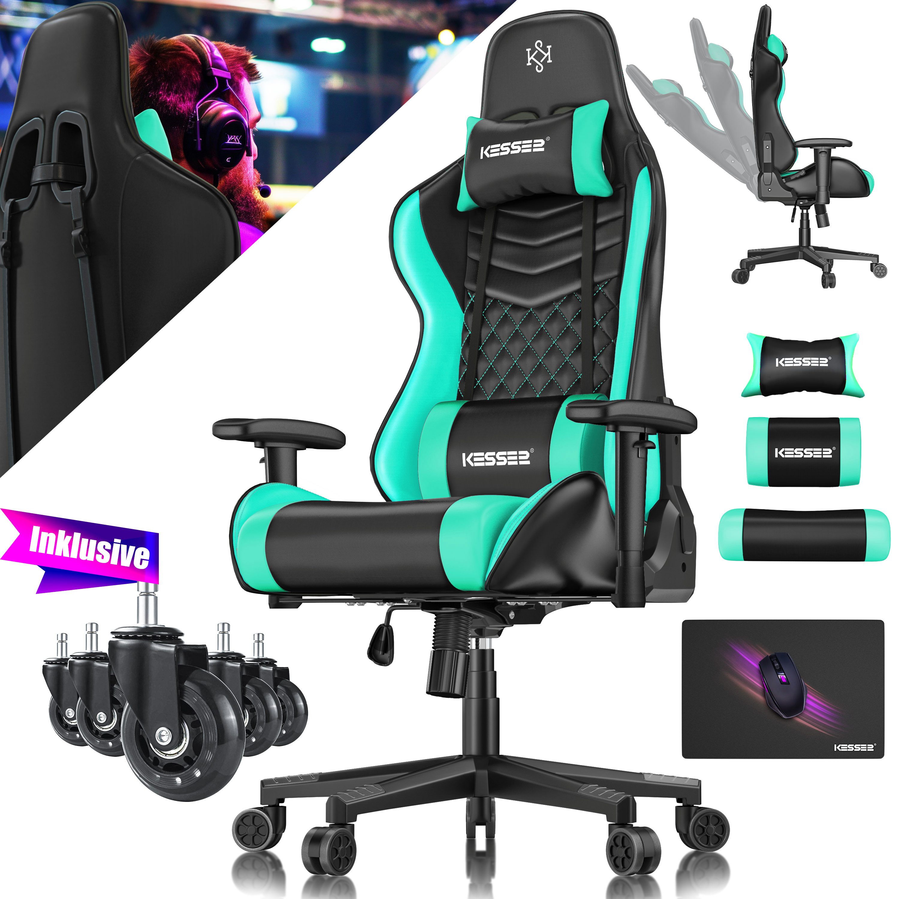 KESSER Gaming Chair, Ergonomisch Gamingstuhl 150kg belastbar Bürostuhl Lenden- & Kopfkissen